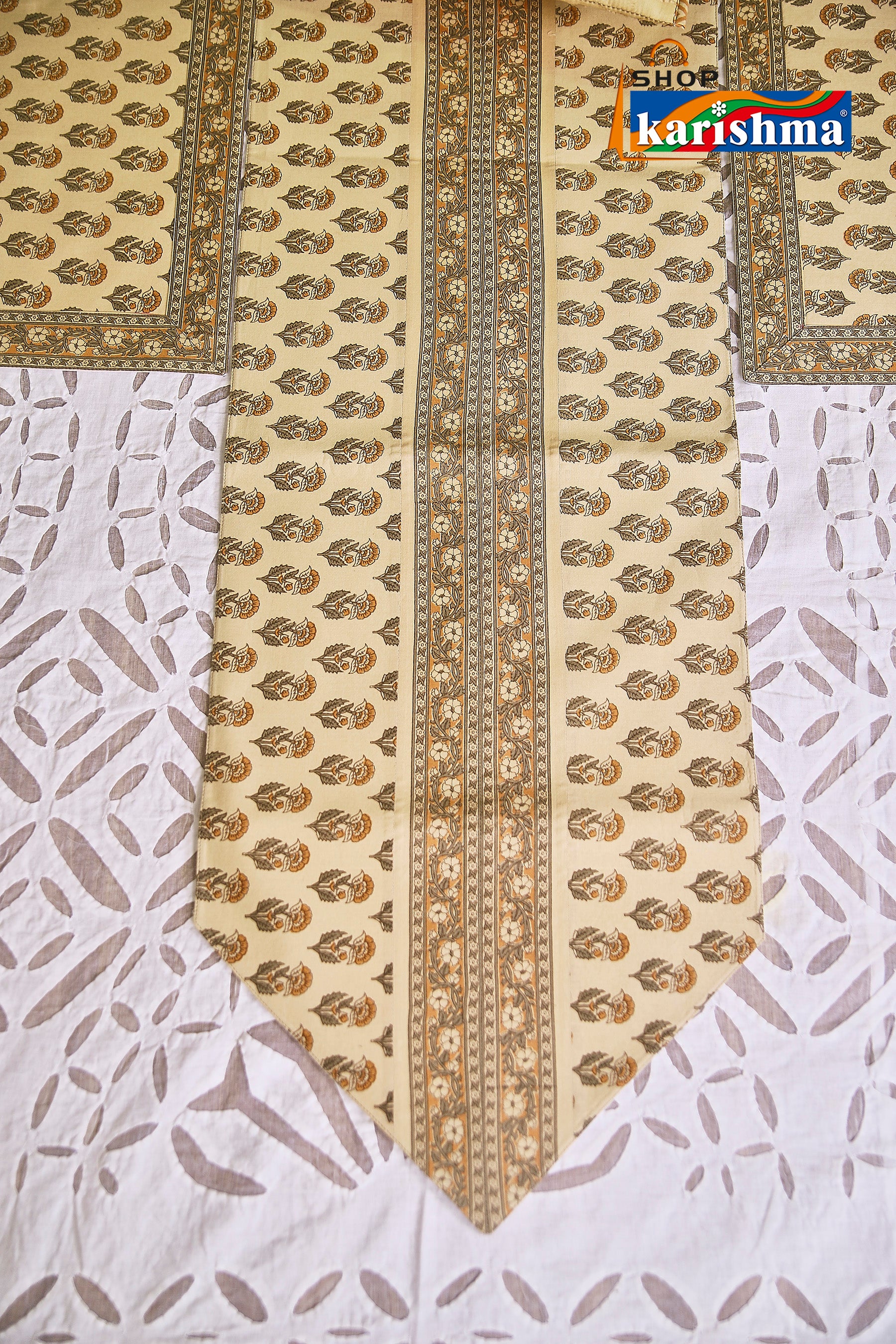 Beige & Brown Floral Block Print Design Pure Cotton Table Linen Set