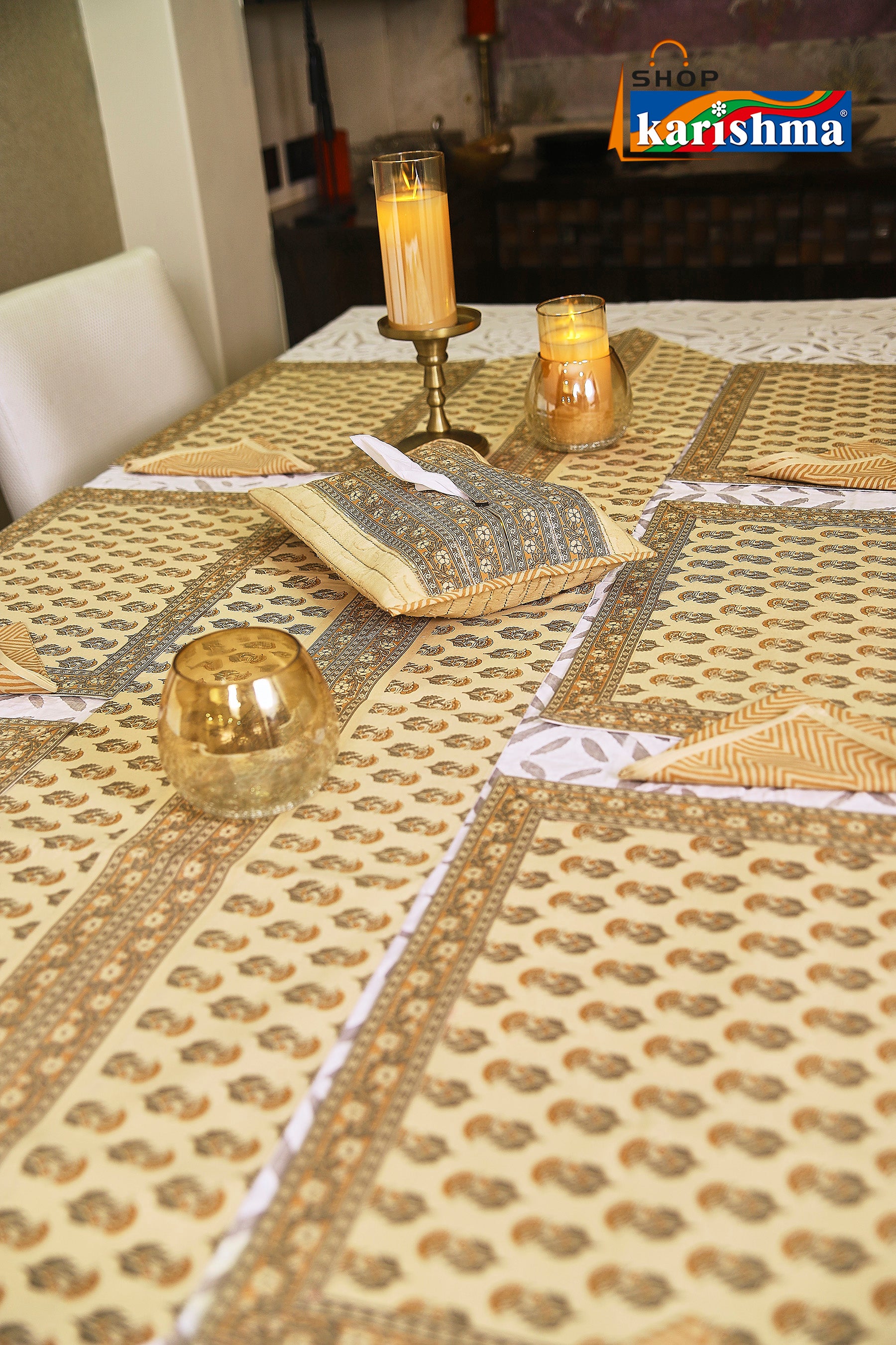 Beige & Brown Floral Block Print Design Pure Cotton Table Linen Set