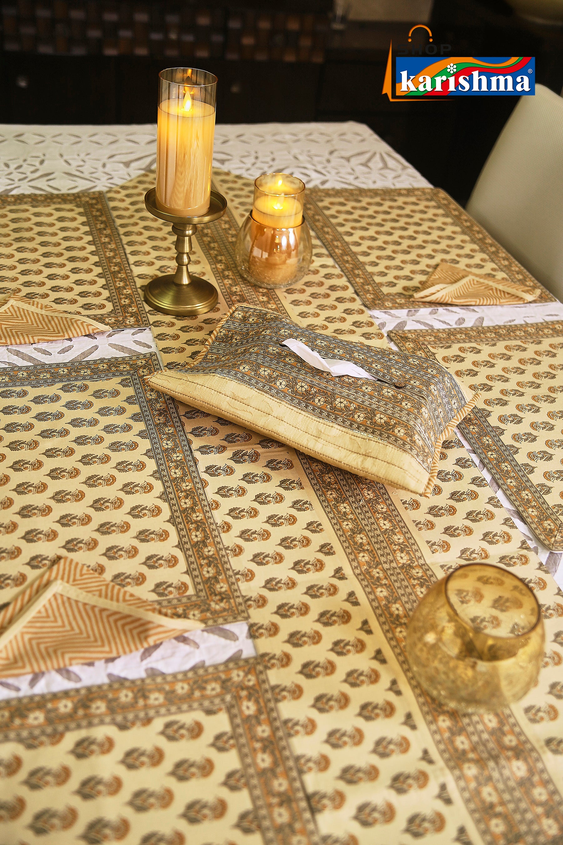 Beige & Brown Floral Block Print Design Pure Cotton Table Linen Set