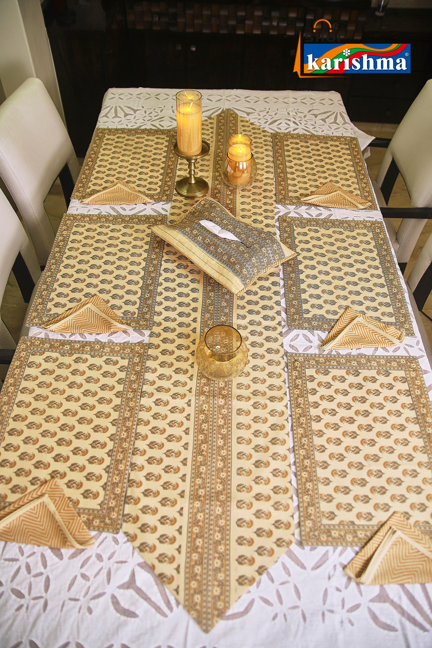 Beige & Brown Floral Block Print Design Pure Cotton Table Linen Set