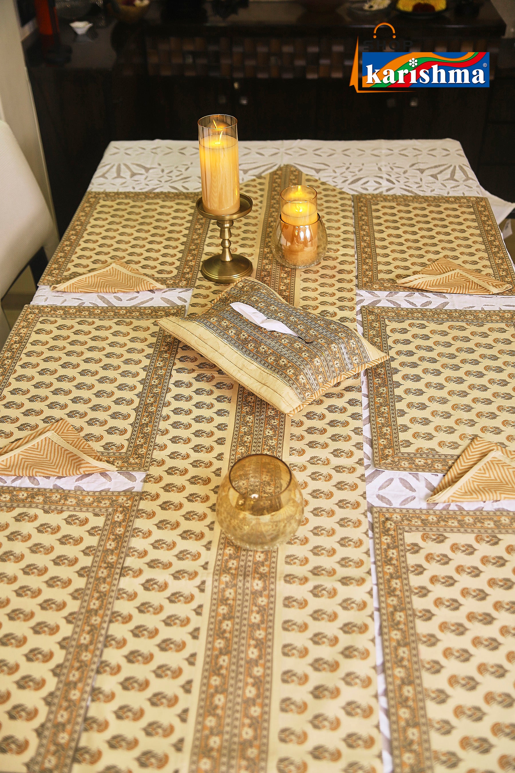 Beige & Brown Floral Block Print Design Pure Cotton Table Linen Set