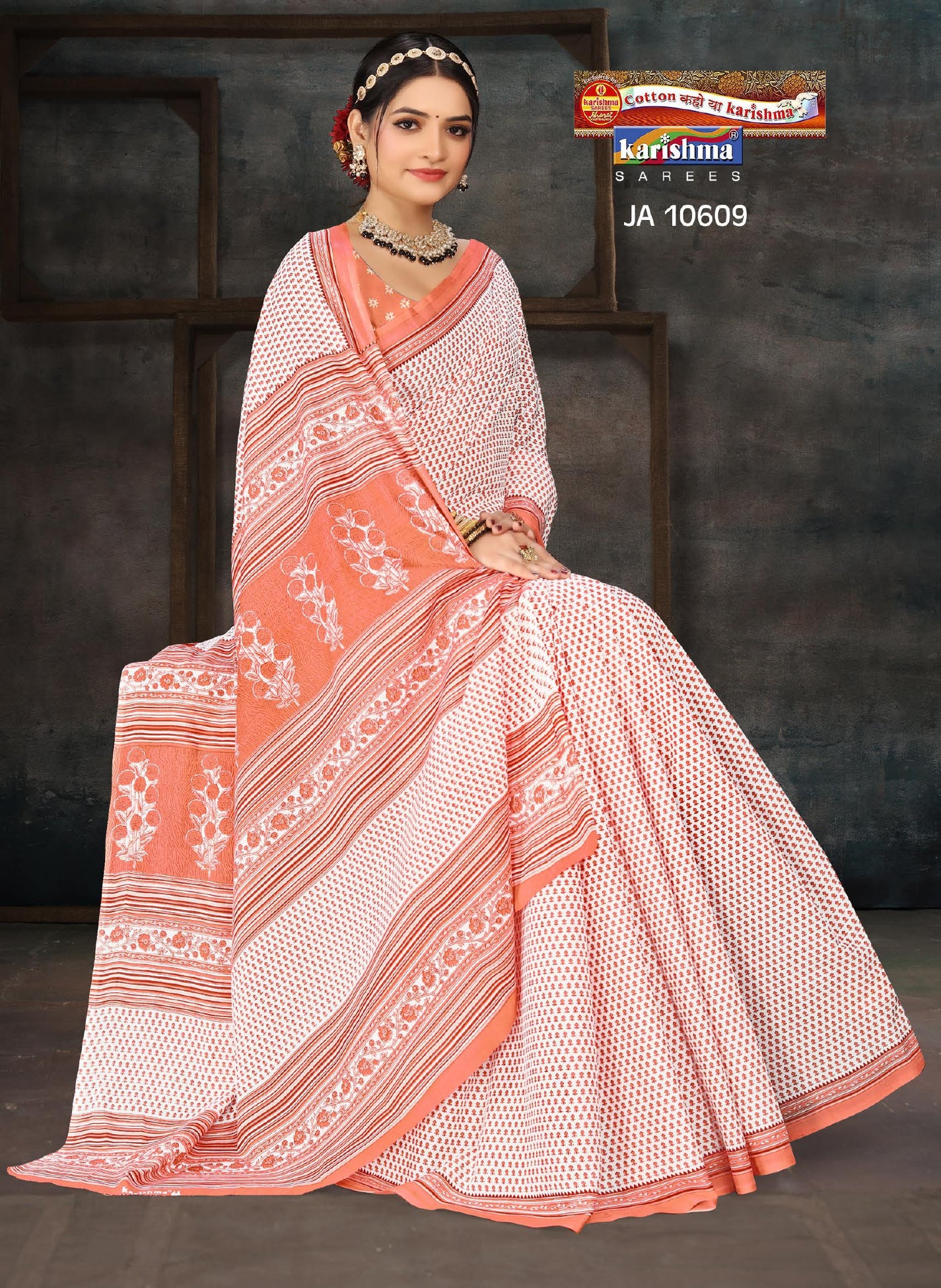 Peach Pure Cotton Mulmul (Medium Soft) Saree With Elegant Small Butti