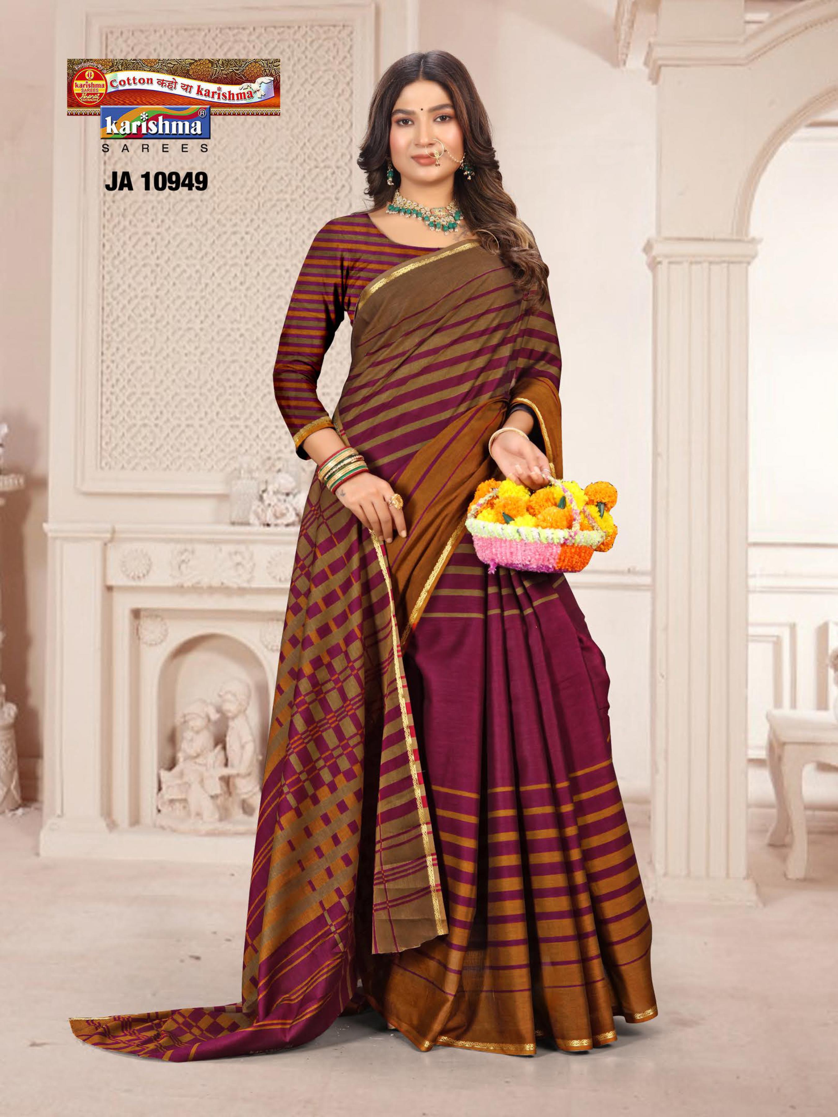 Purple Pure Cotton Muslin (Soft) Saree With Beautiful Small Golden Border And Stripe Print Allover