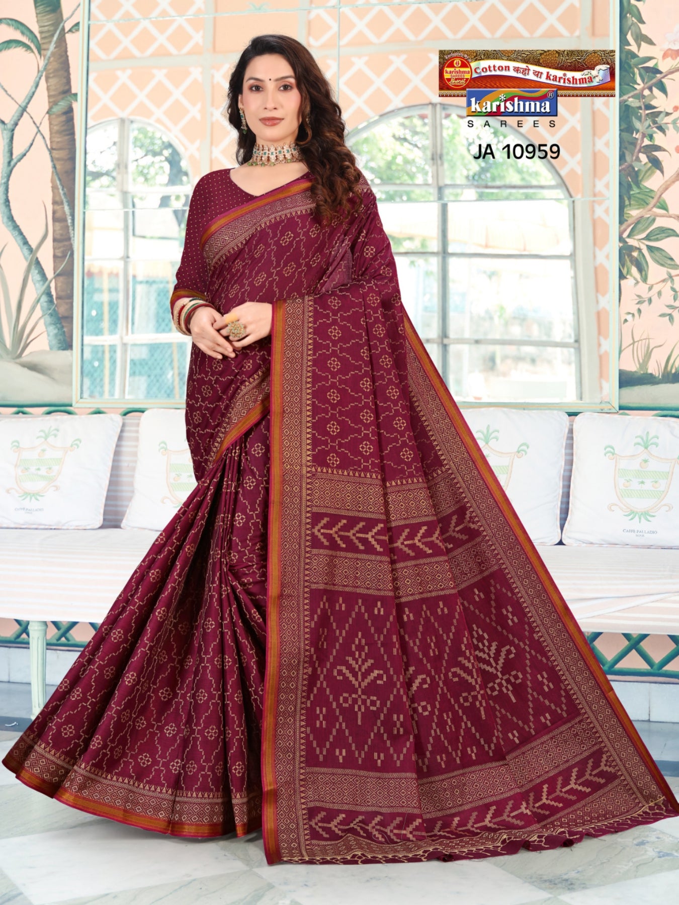 Wine Pure Cotton Muslin (Soft) Saree With Chic Geomatric Design