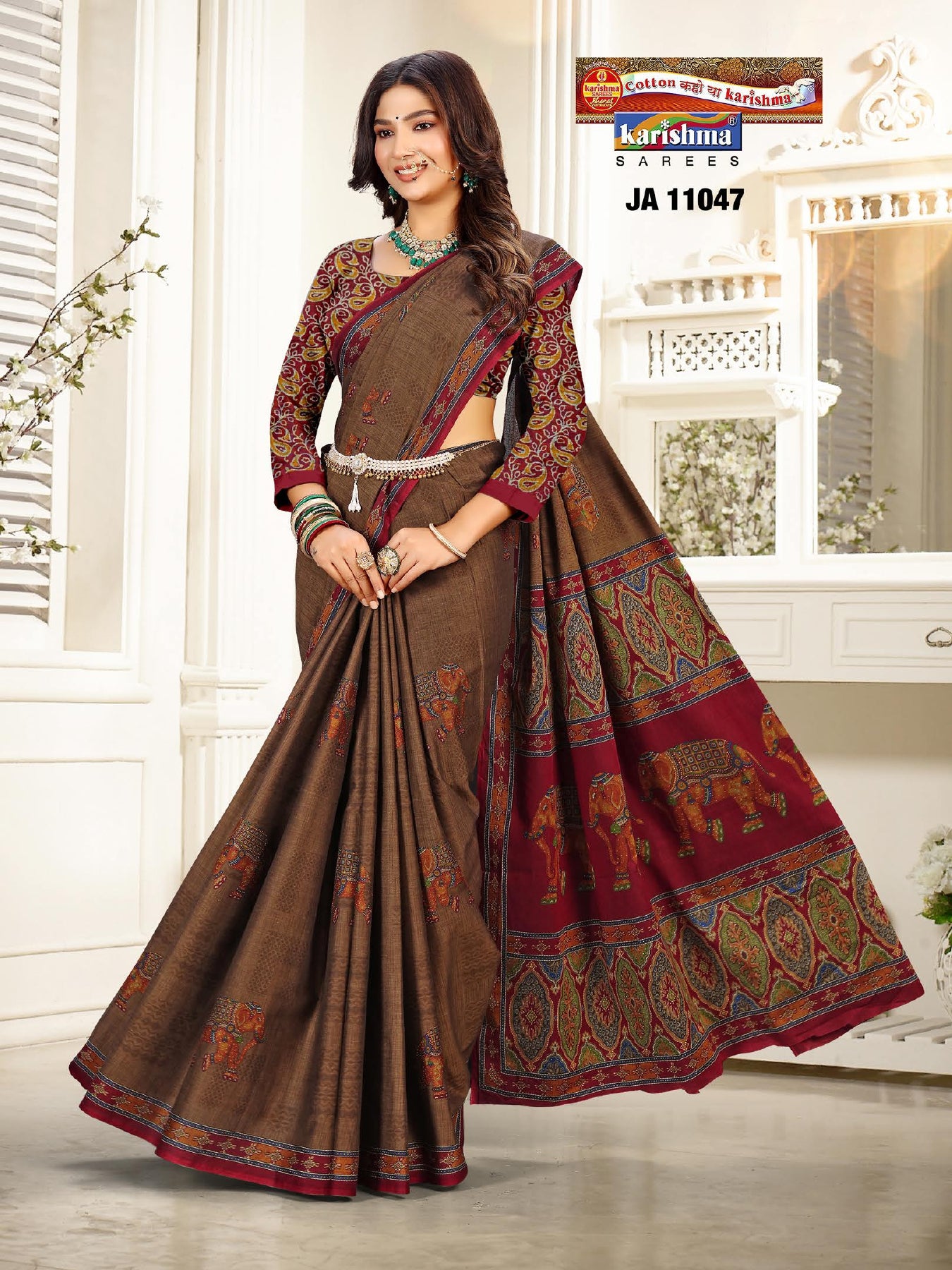 Brown Pure Cotton (Soft) Saree With Elephant Figure And Leaf Motif Design