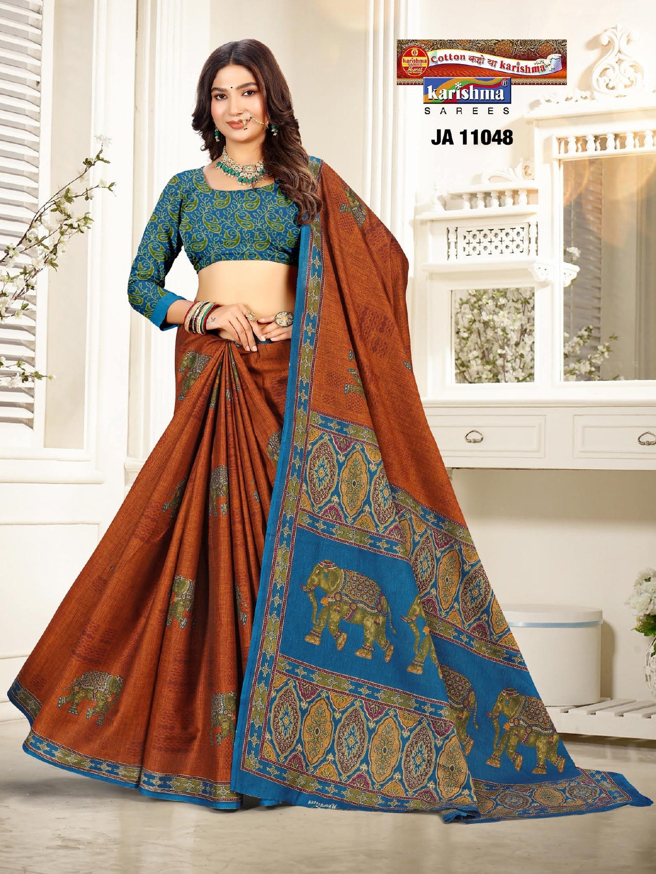 Orange Pure Cotton Muslin (Soft) Saree With Elephant Figure And Leaf Motifs Design