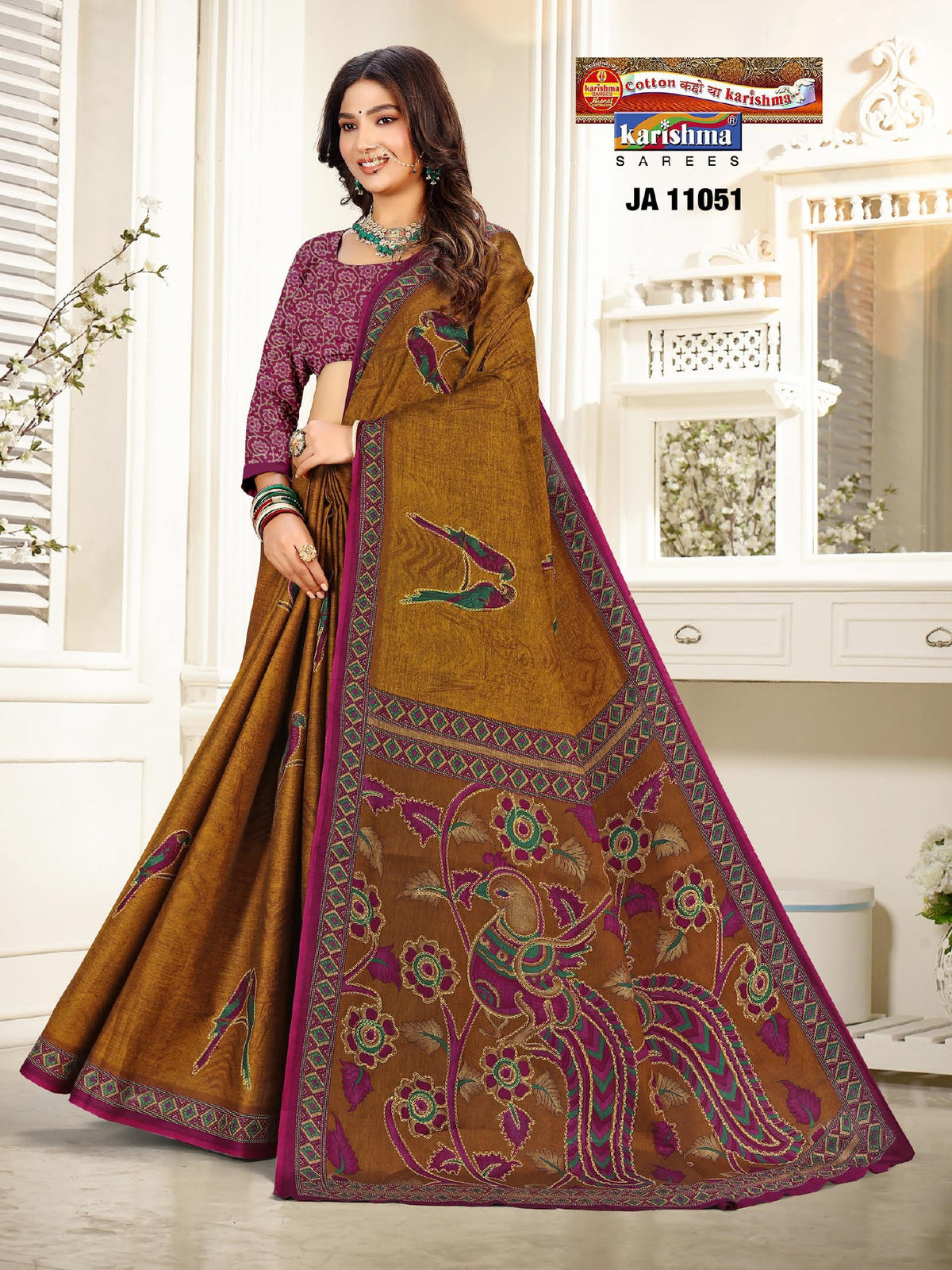 Parrot Floral Corner Muslin Saree