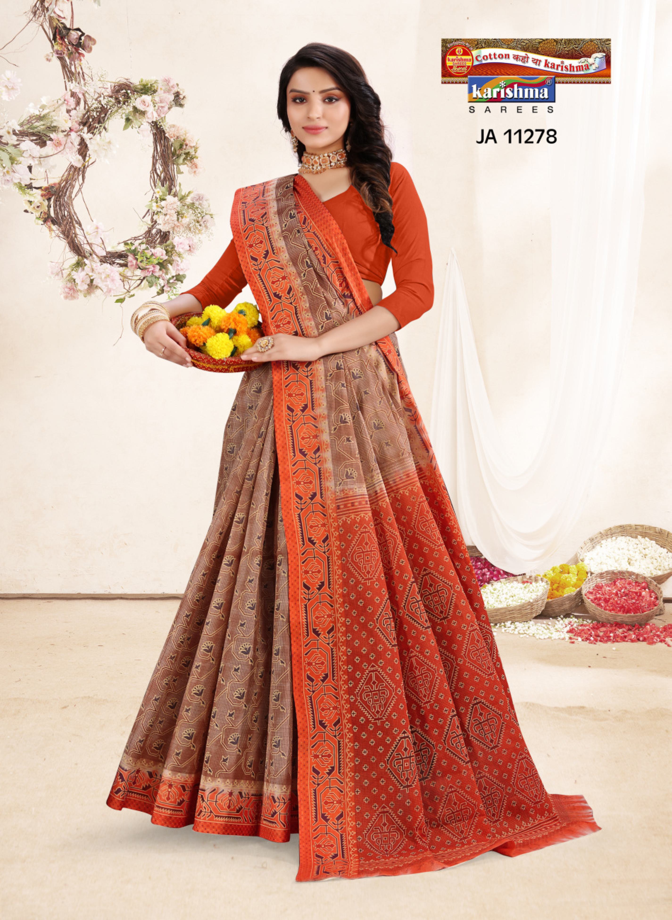 Beige And Orange Pure Coton Mulmul (Soft) Saree With Abstract Design and Bold Border