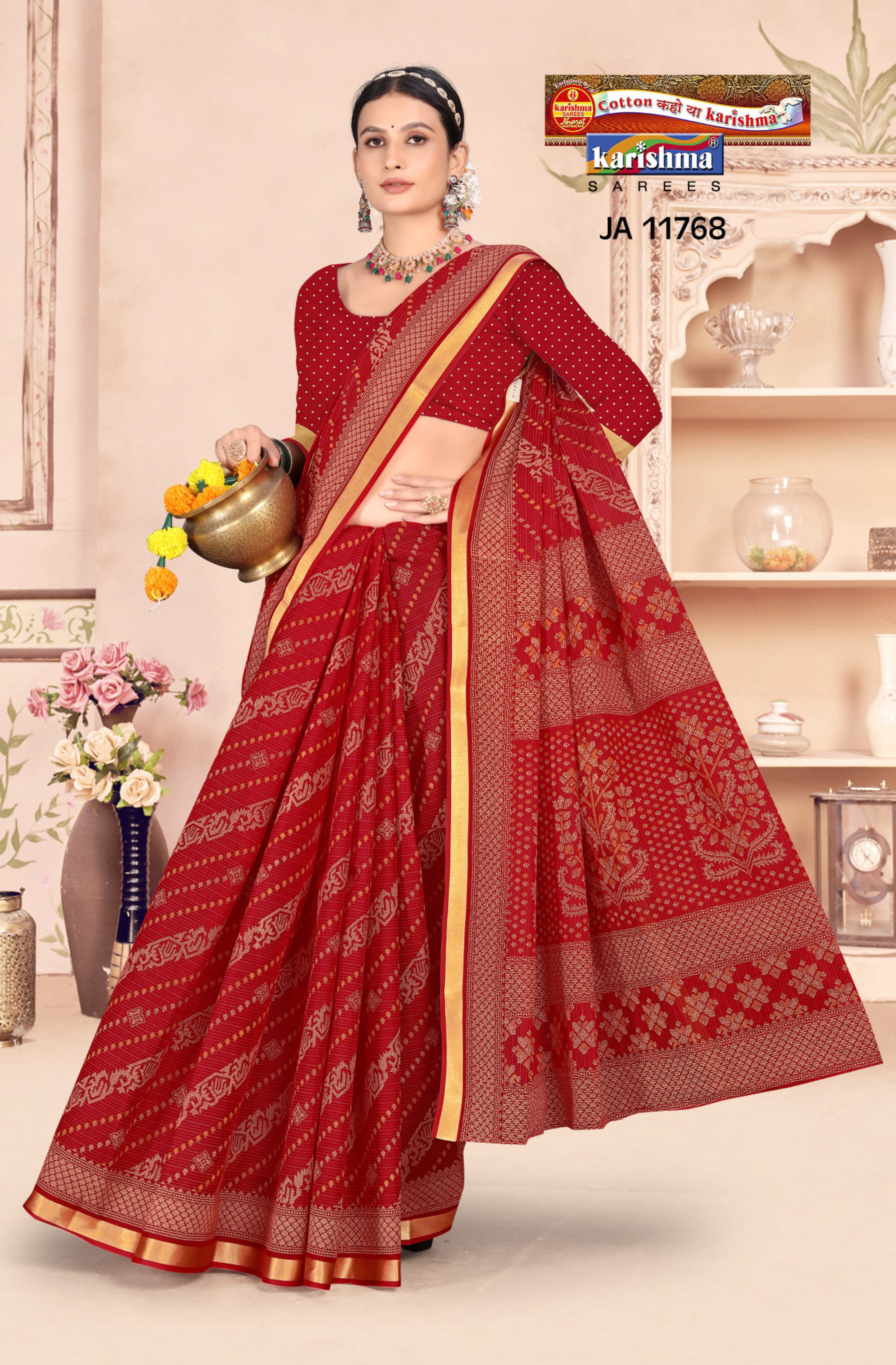 Red Pure Cotton Mulmul (Medium Soft) Saree With Modern Design And Plain Golden Border
