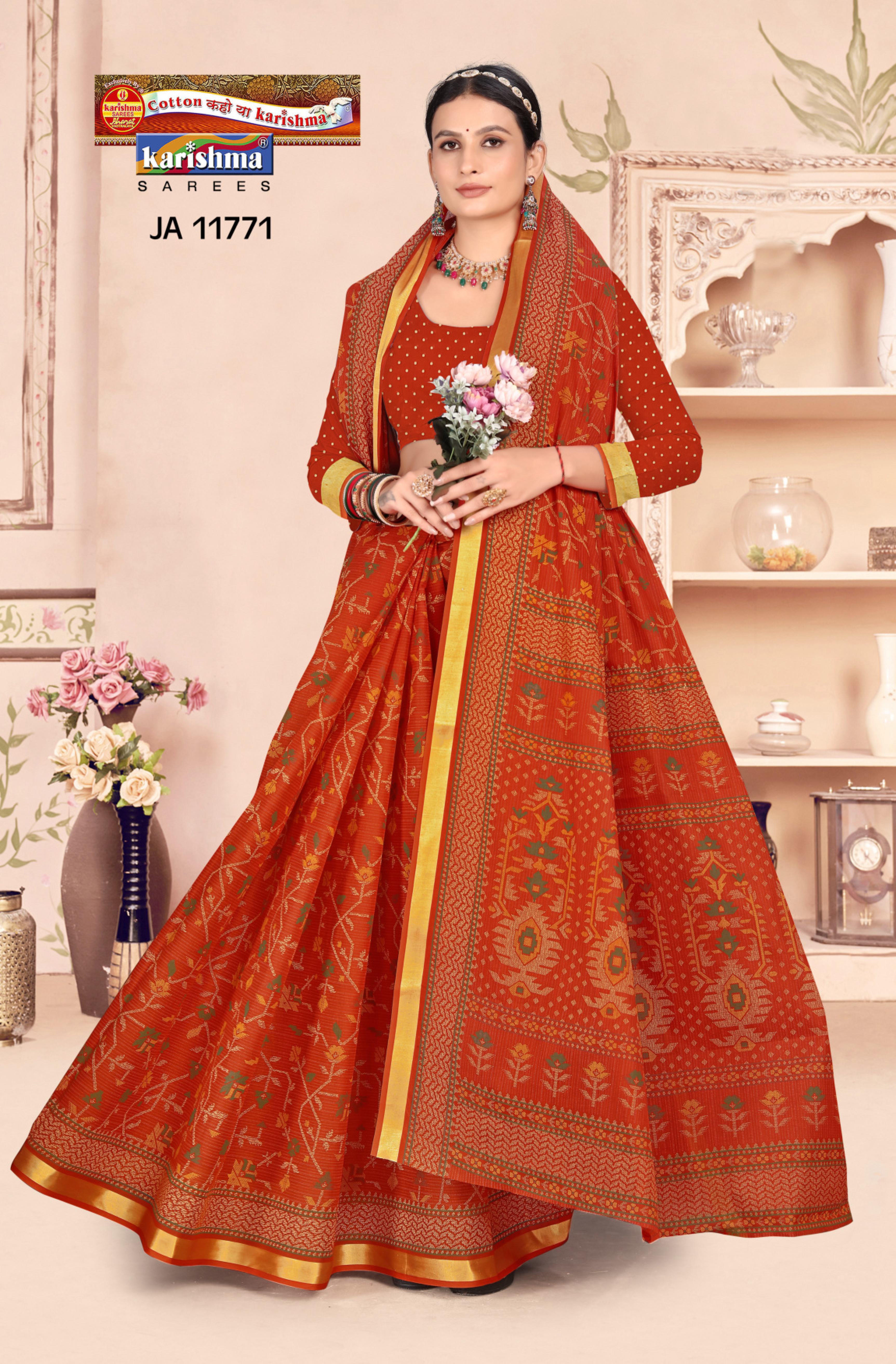 Orange Pure Cotton Mulmul (Medium Soft) Saree With Modern Design And Plain Golden Border