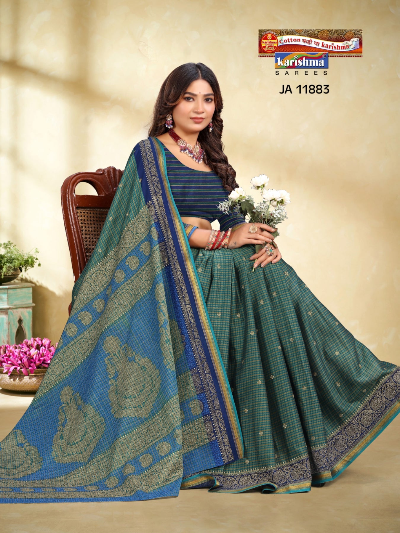 Green Pure Cotton Muslin (Soft) Saree With Checks Pattern & Delicate Floral Print