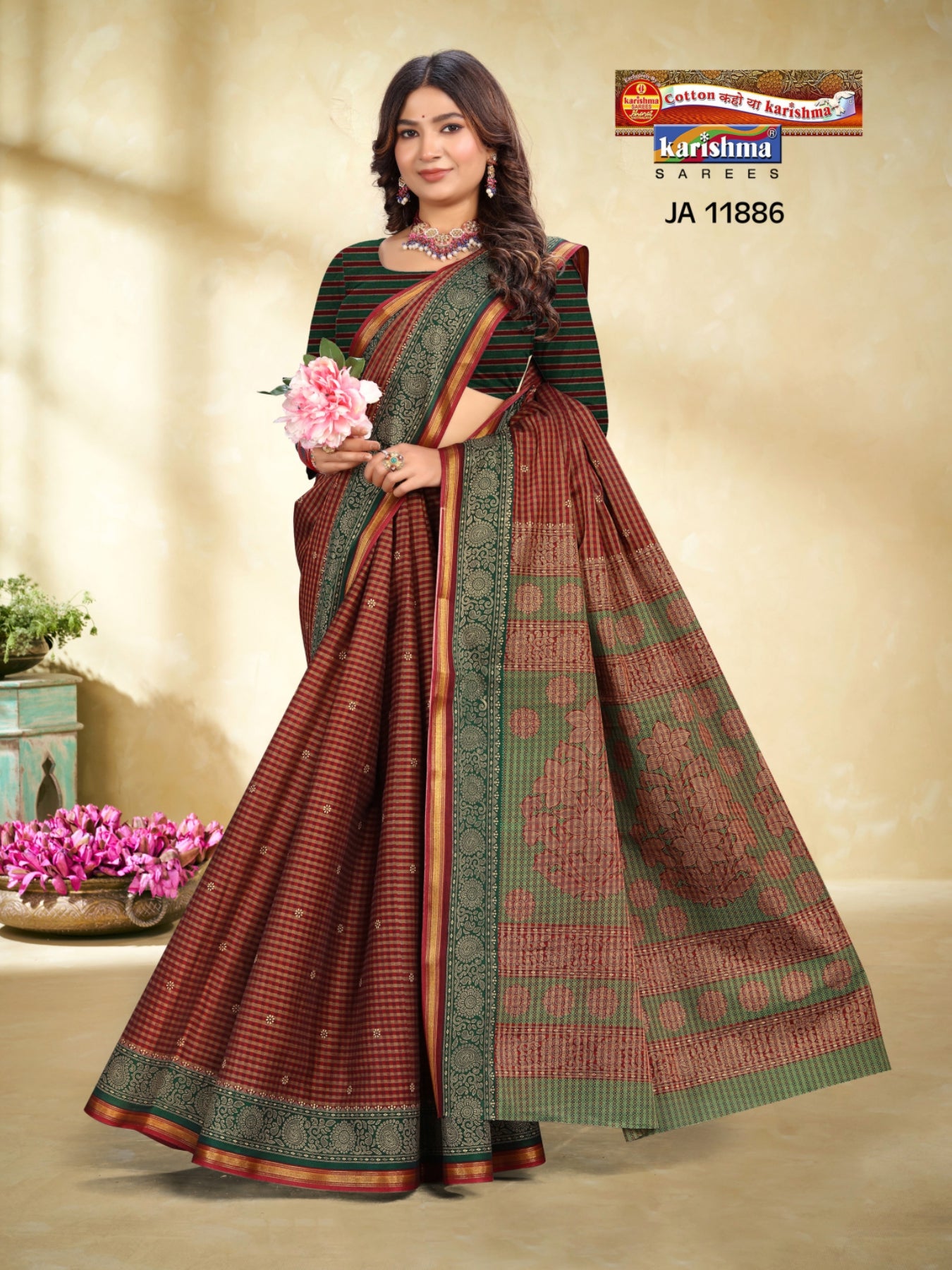 Maroon Pure Cotton Muslin (Soft) Saree With Checks Pattern & Delicate Floral Print