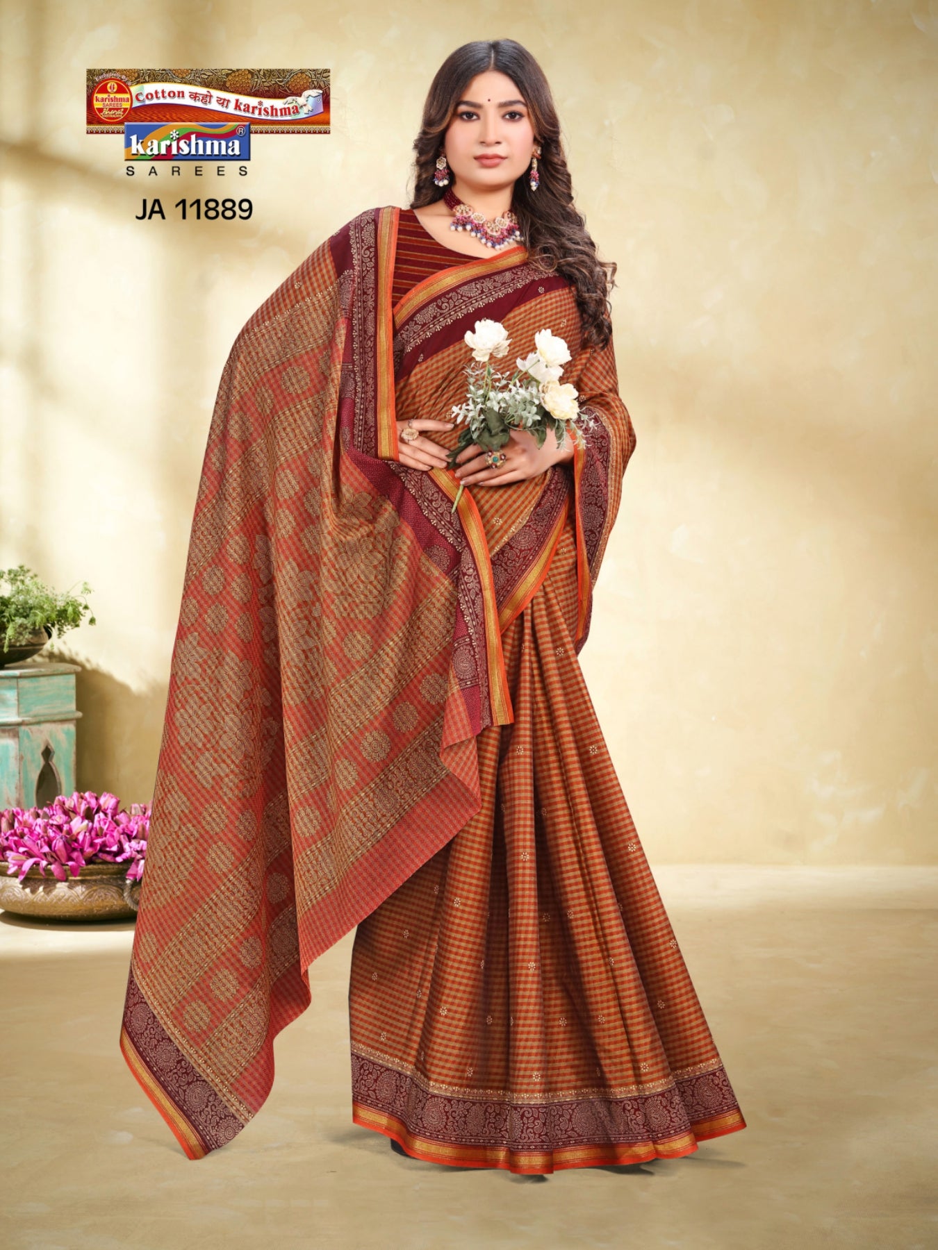 Orange Pure Cotton Muslin (Soft) Saree With Checks Pattern & Delicate Floral Print