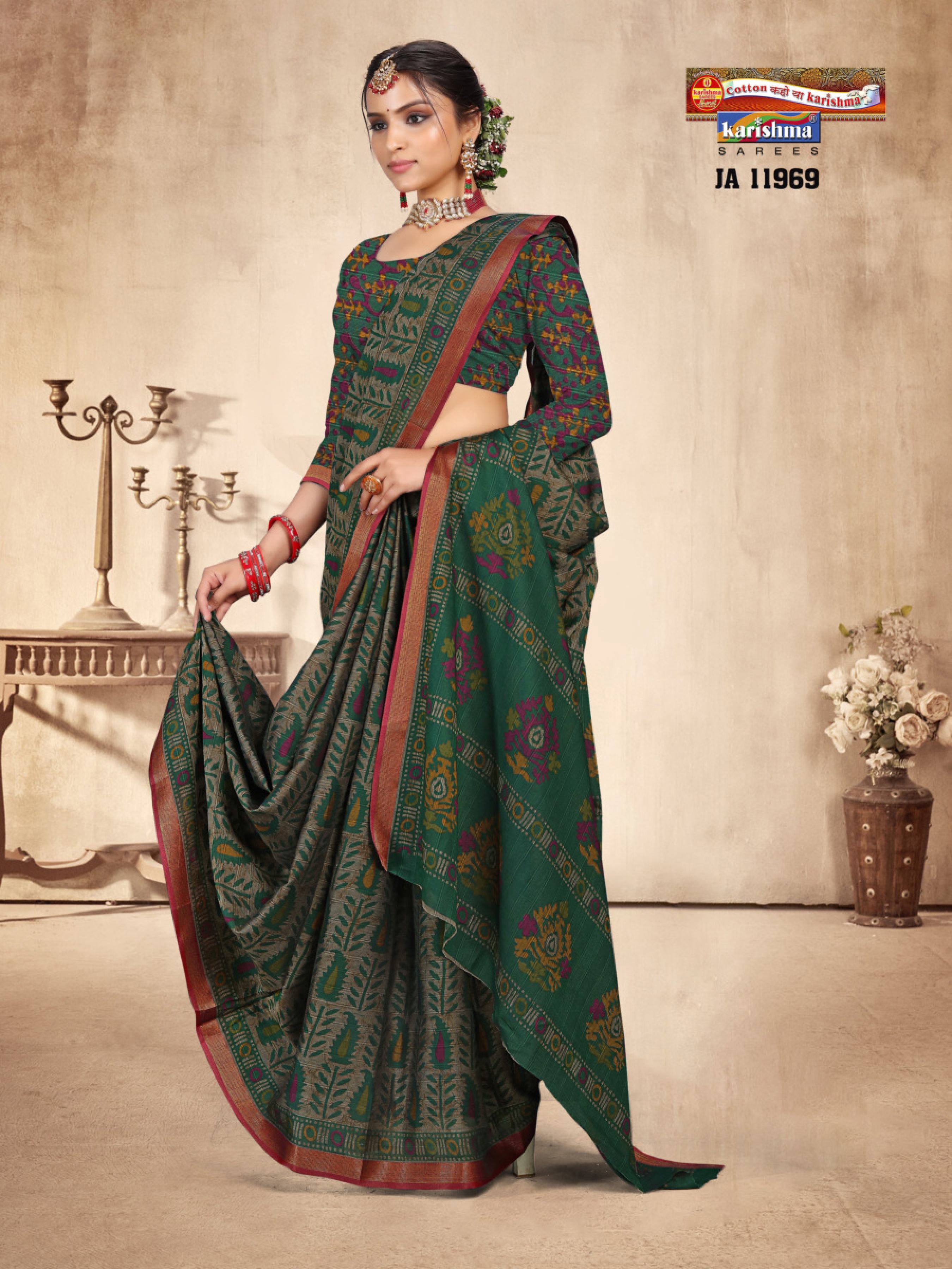 Dark Green Pure Cotton (Soft) Muslin Saree With Leaf Design And Simple Border