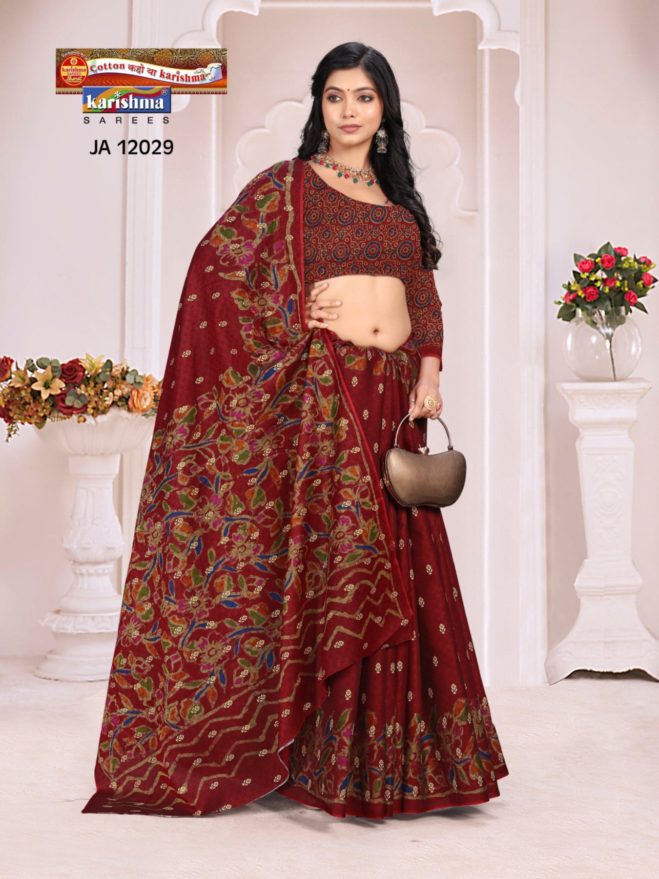 Maroon Pure Cotton Muslin (Soft)Saree With Small Floral Golden Butti All Over The Saree