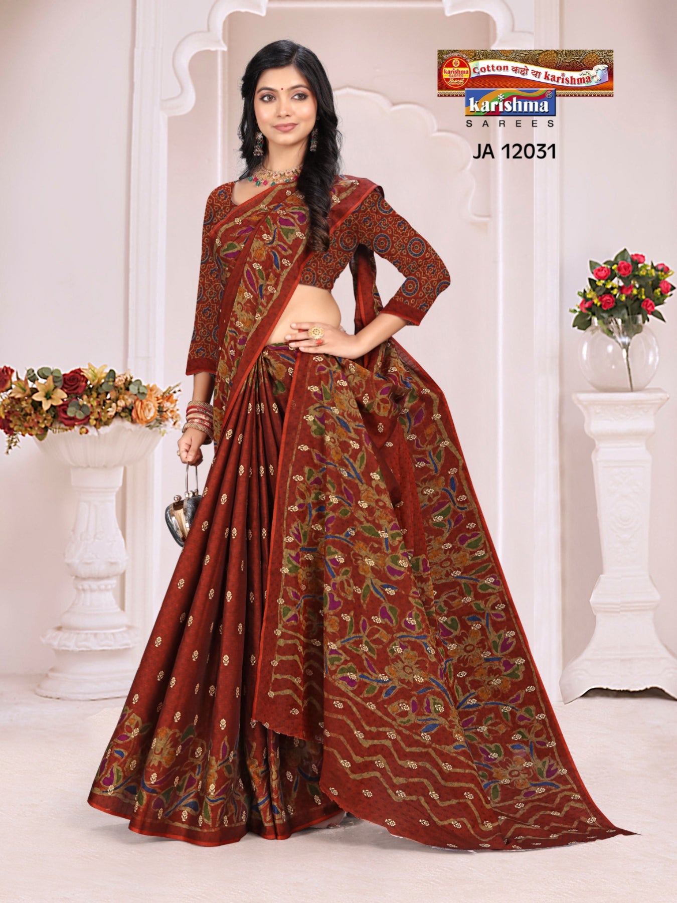 Red Pure Cotton Muslin (Soft)Saree With Small Floral Golden Butti All Over The Saree