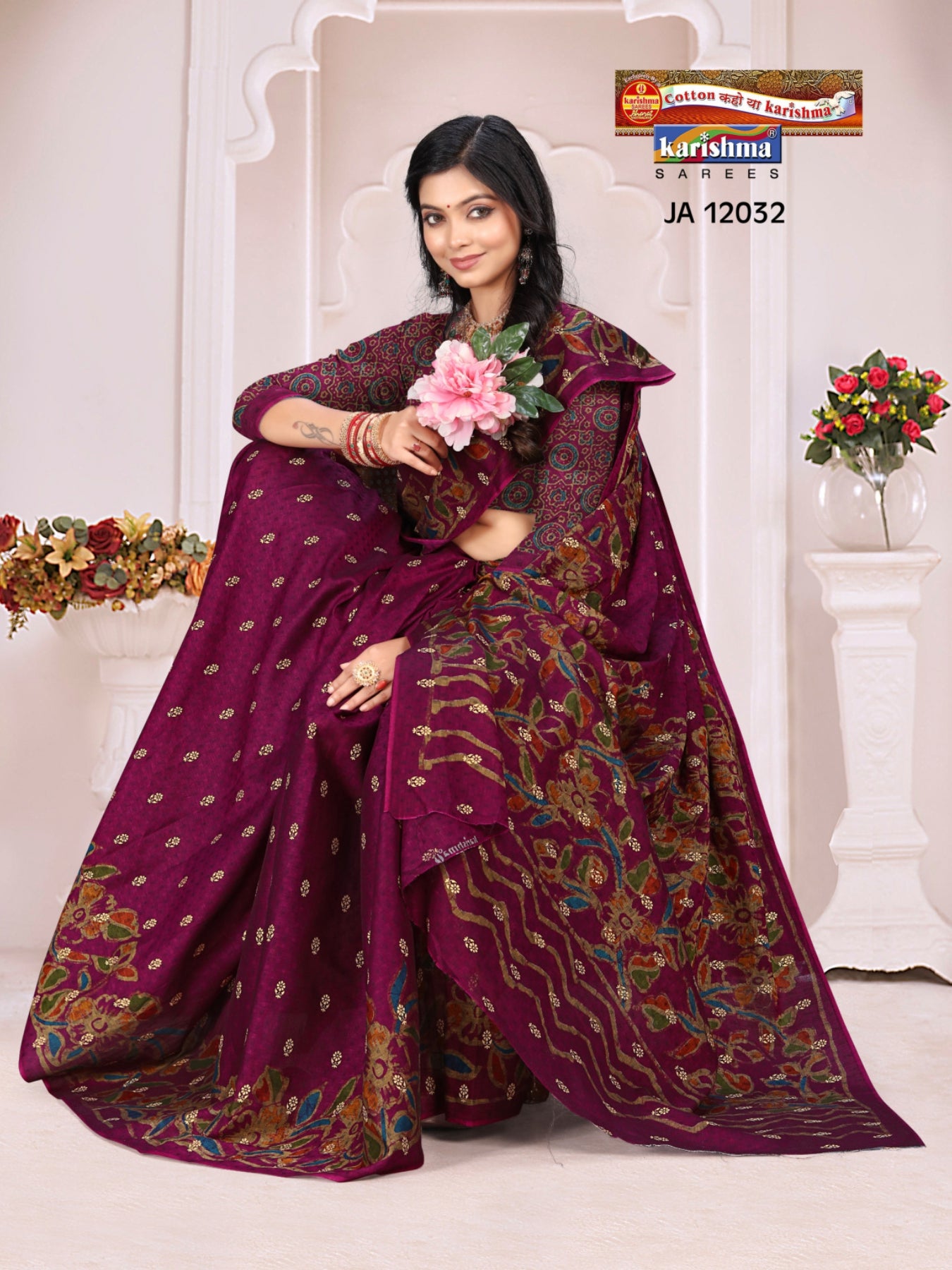 Purple Pure Cotton Muslin (Soft)Saree With Small Floral Golden Butti All Over The Saree