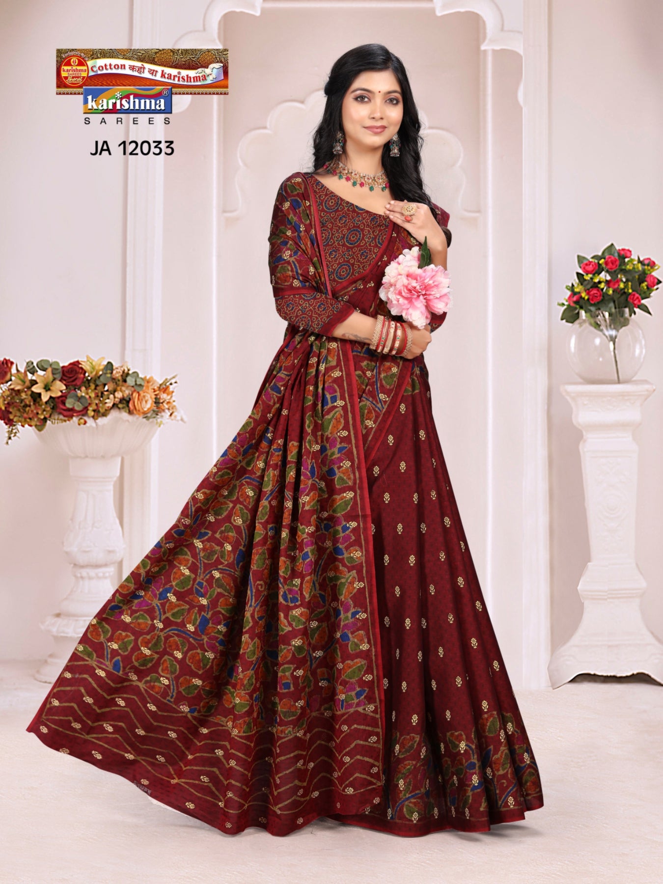 Brick Red Pure Cotton Muslin (Soft)Saree With Small Floral Golden Butti All Over The Saree