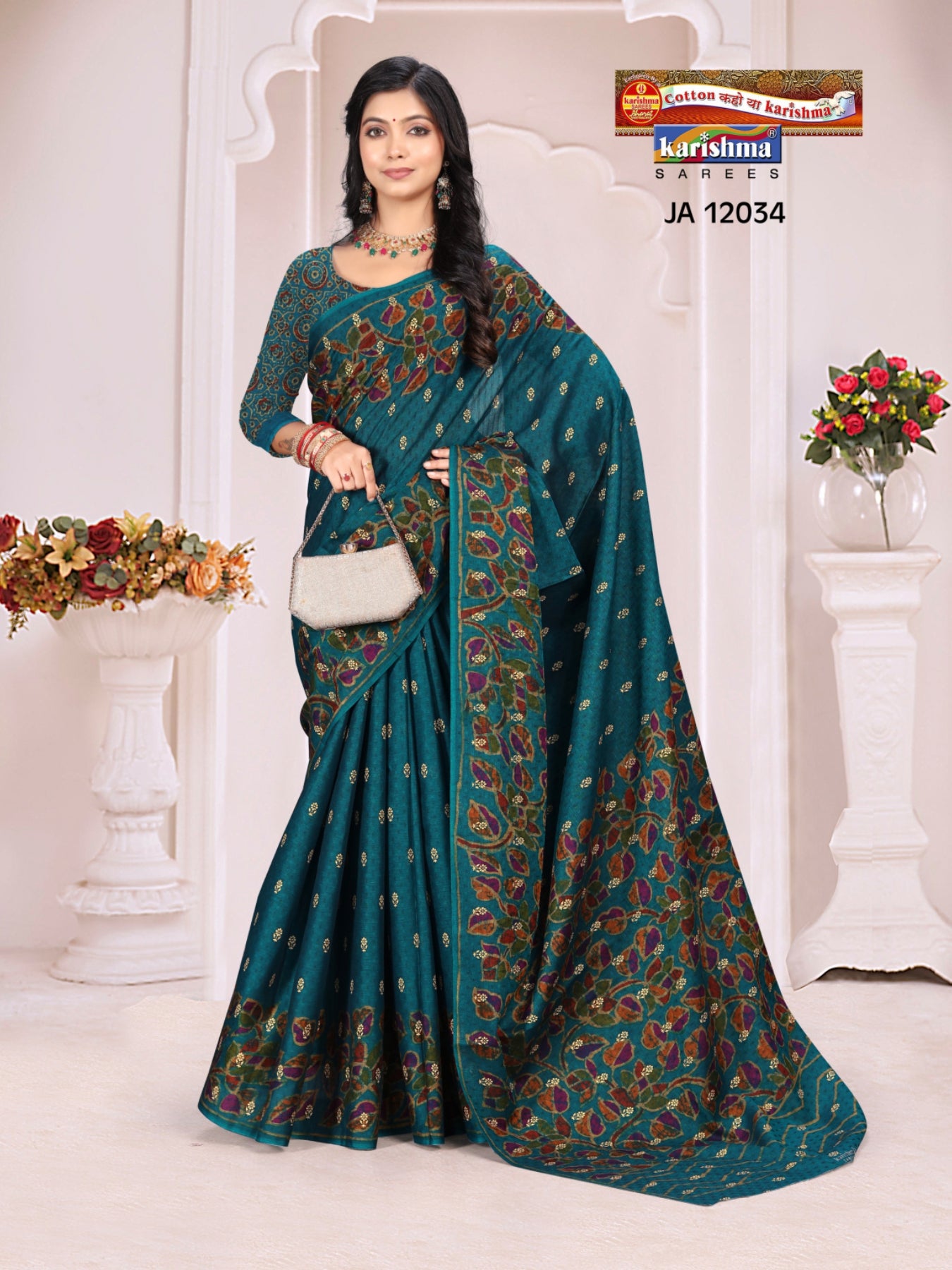 Teal Red Pure Cotton Muslin (Soft)Saree With Small Floral Golden Butti All Over The Saree