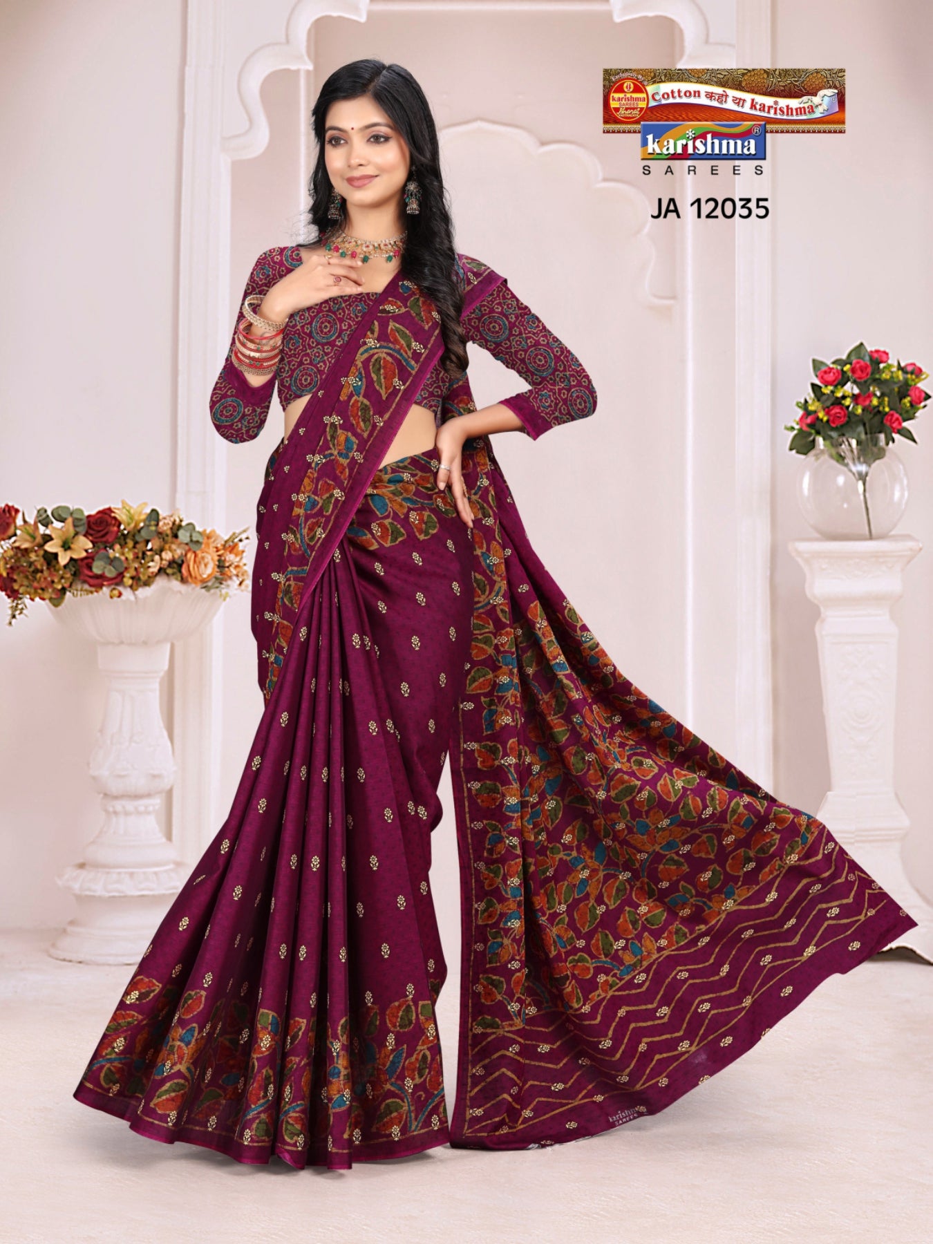Wine Red Pure Cotton Muslin (Soft)Saree With Small Floral Golden Butti All Over The Saree