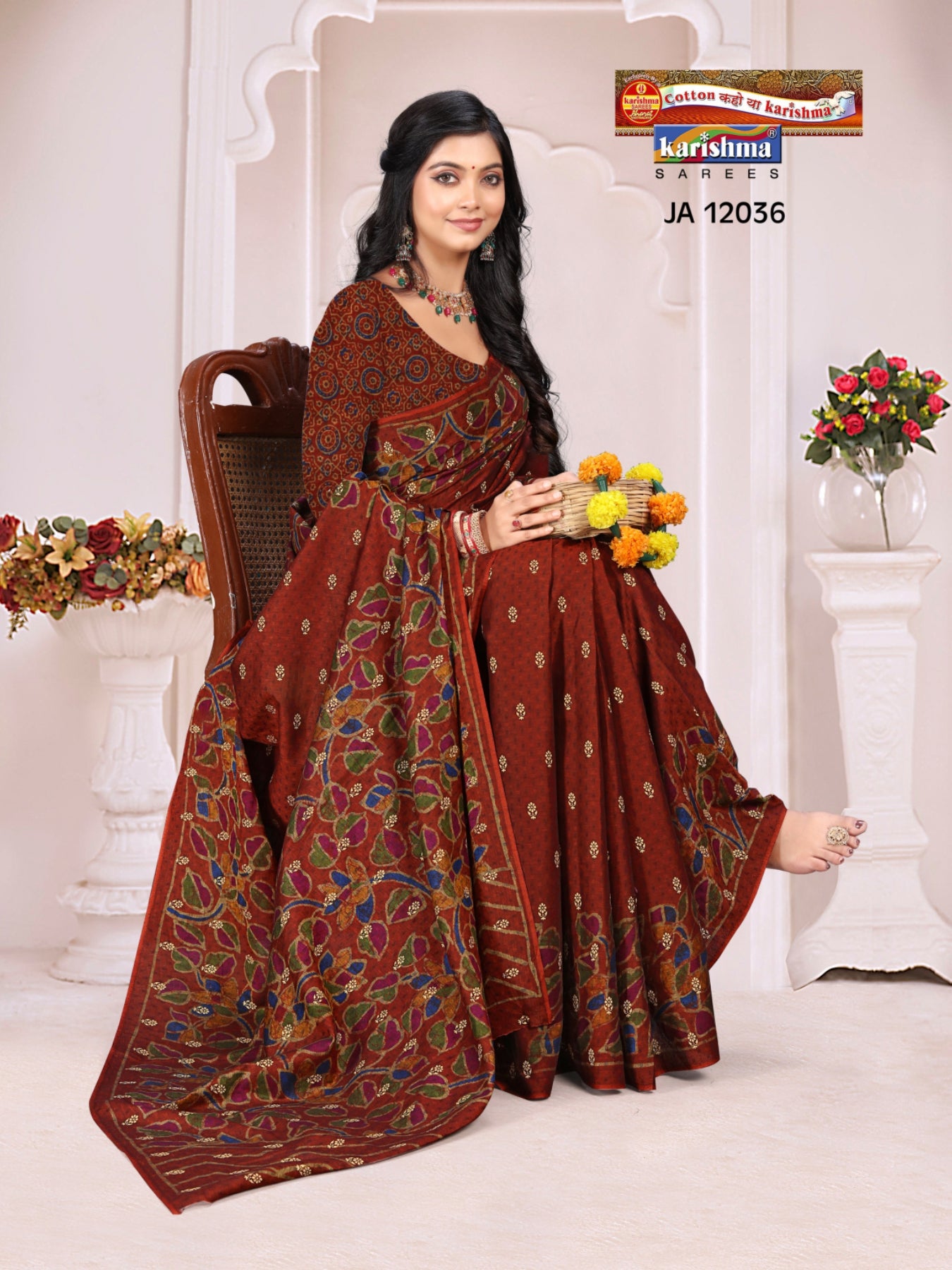 Brown Red Pure Cotton Muslin (Soft)Saree With Small Floral Golden Butti All Over The Saree
