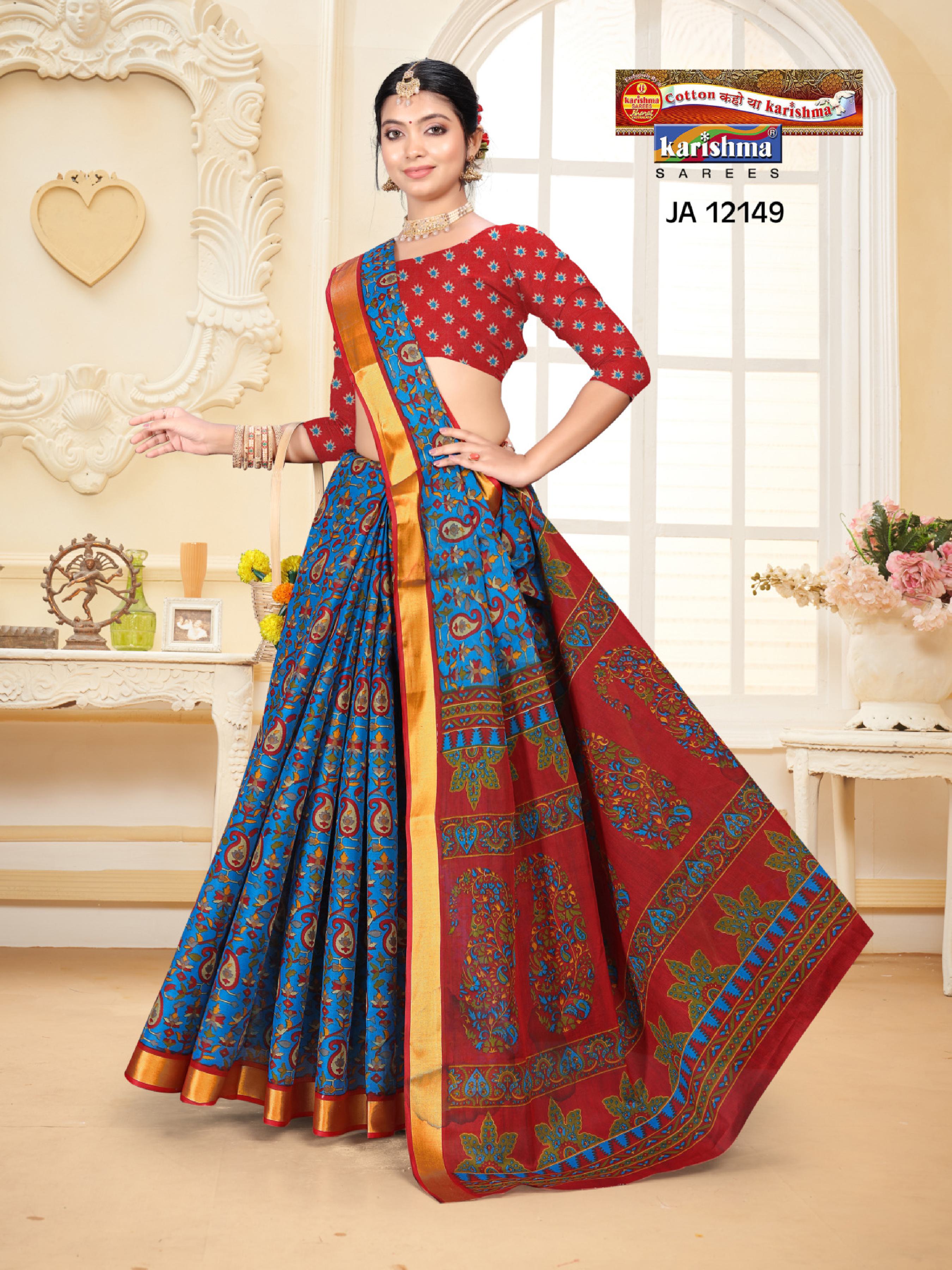Blue Pure Cotton Malai (Soft) Saree With Unique Pattern Print And Golden Border