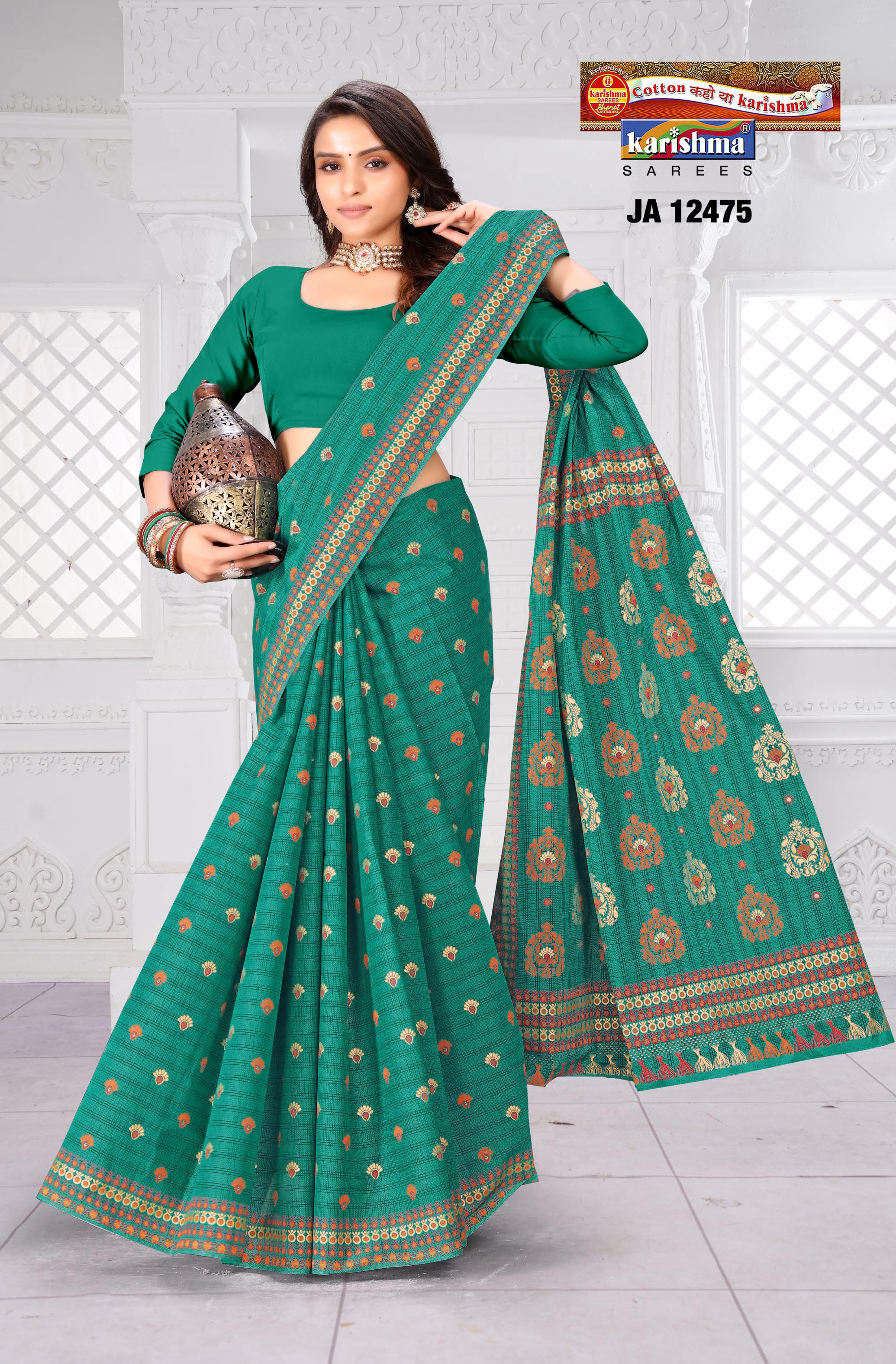 Teal Green Pure Cotton Mulmul (Medium Soft) Saree With Small Butti And Traditional Pallu