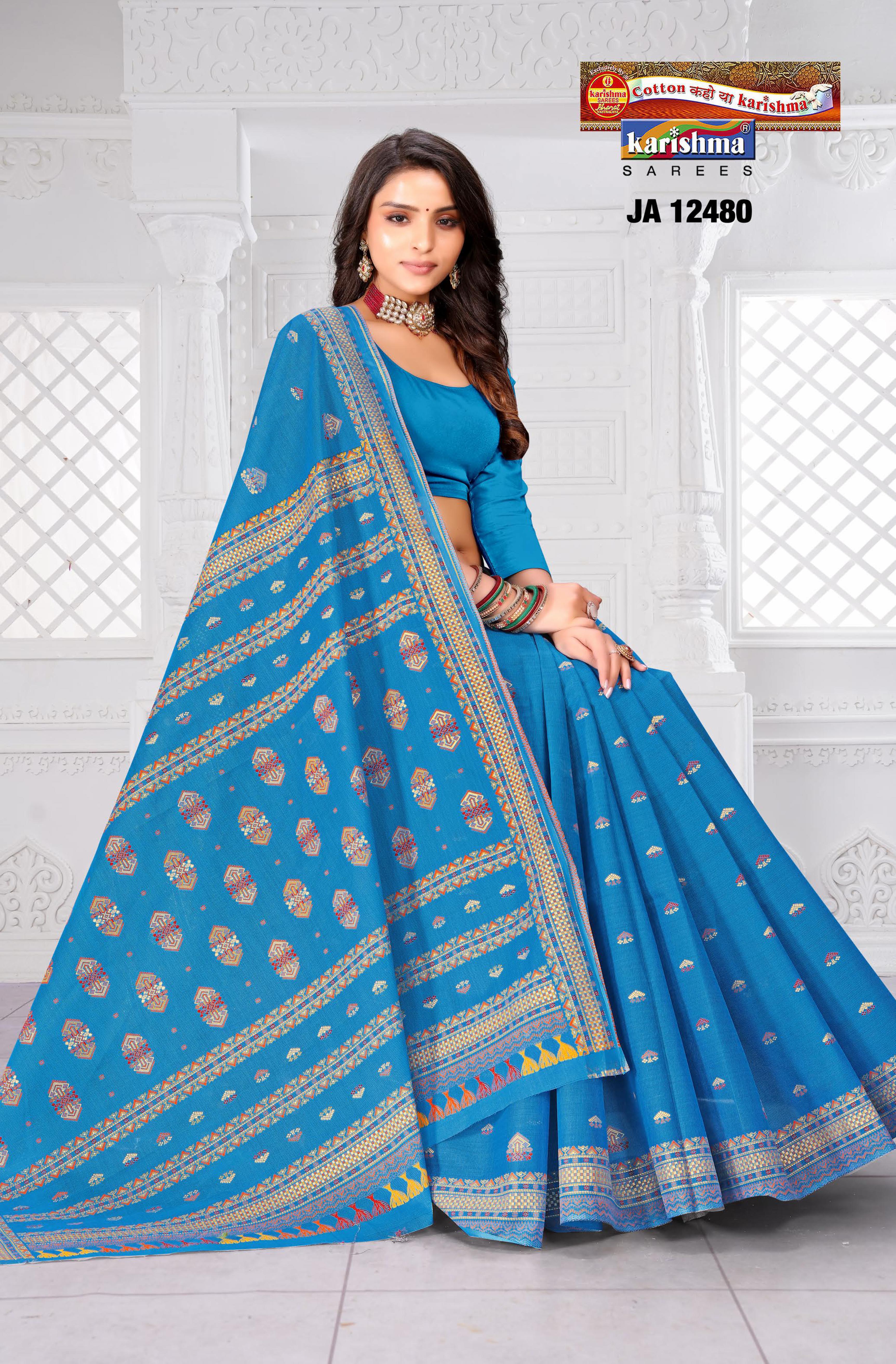 Blue Pure Cotton Mulmul (Medium Soft) Saree With Small Butti And Traditional Pallu