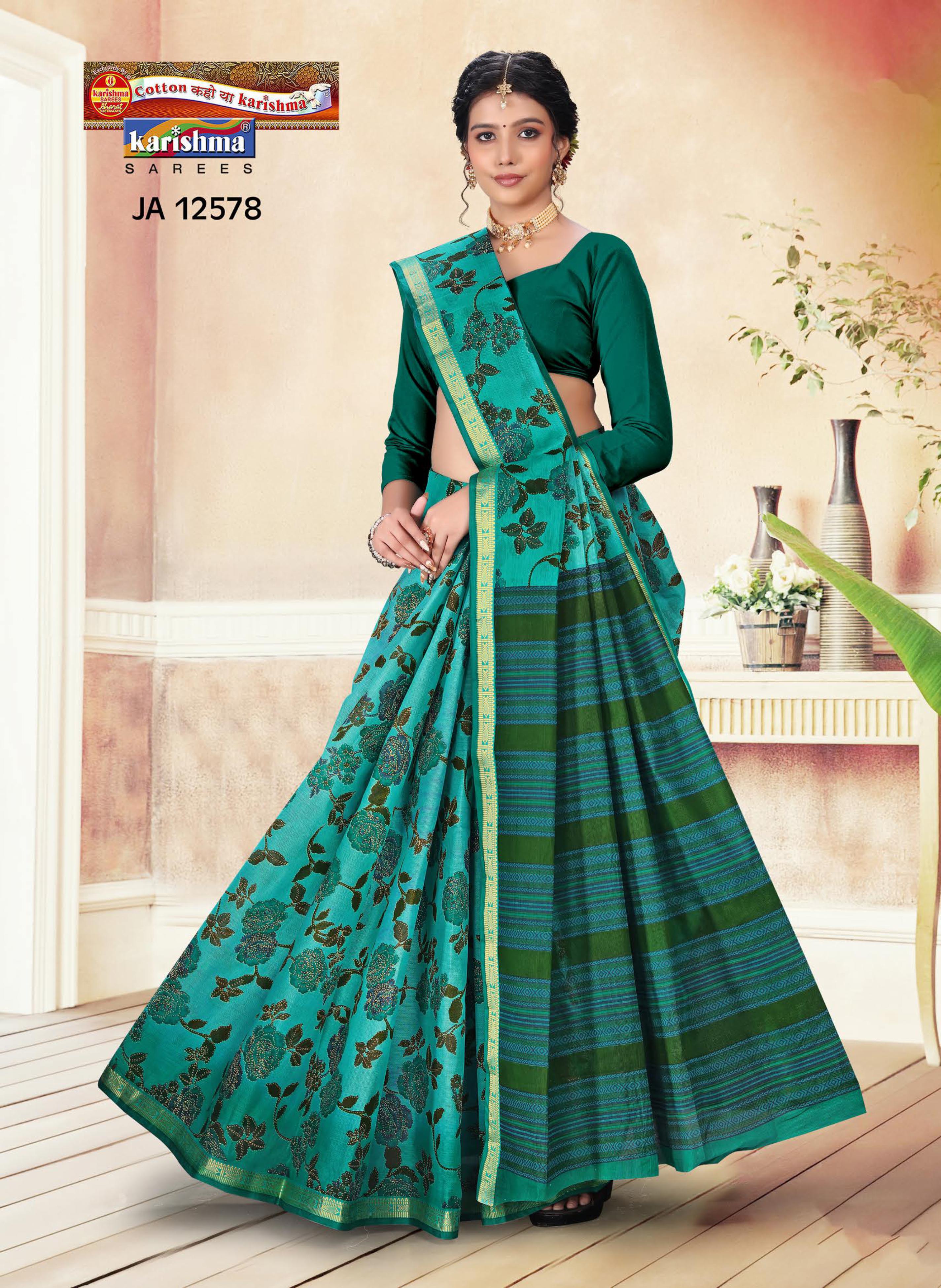 Green Pure Cotton Mulmul (Medium soft) Saree With Simple floral Print And Elegant Border