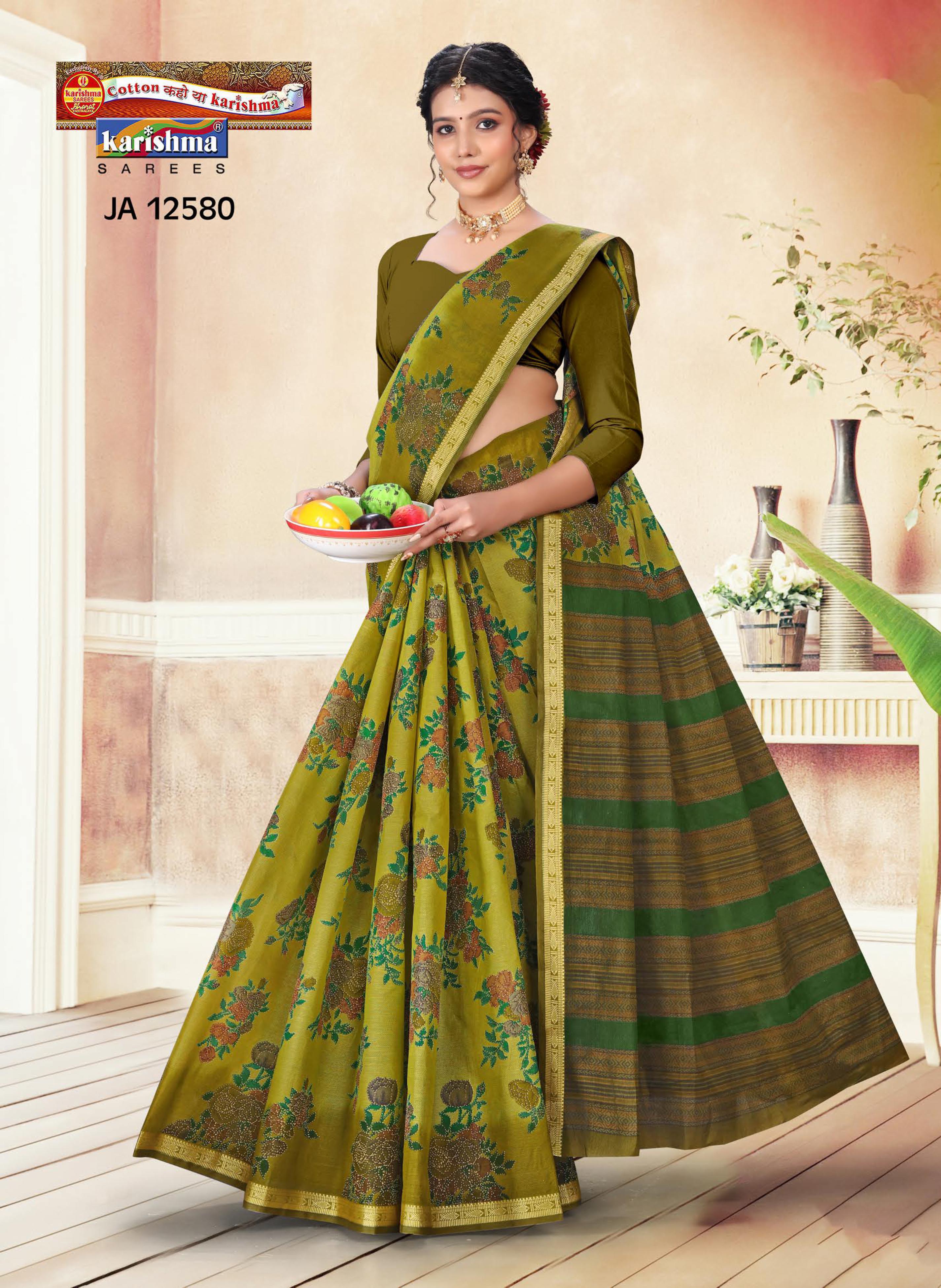 Olive Pure Cotton Mulmul (Medium soft) Saree With Simple floral Print And Elegant Border