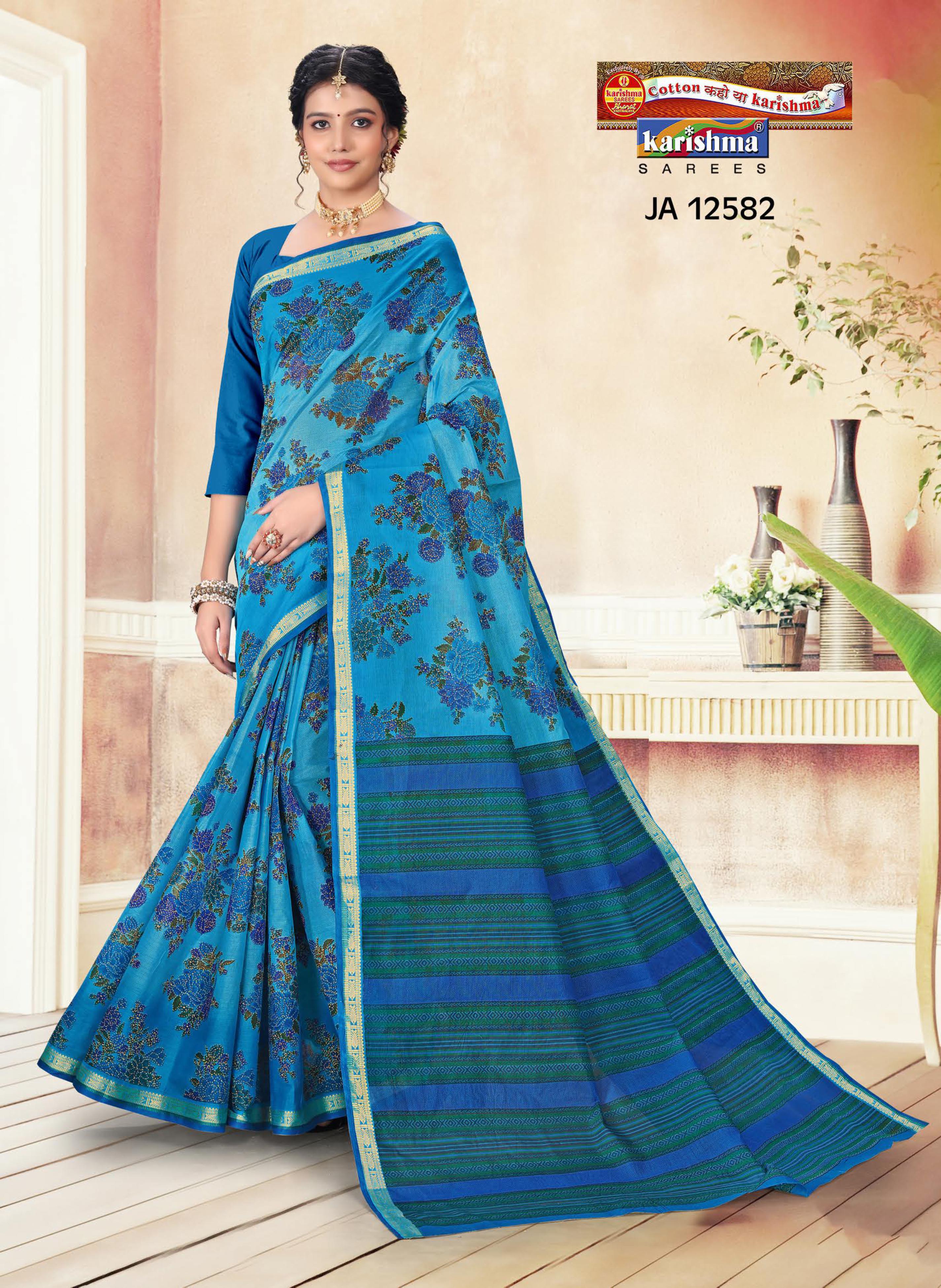Blue Pure Cotton Mulmul (Medium soft) Saree With Simple floral Print And Elegant Border