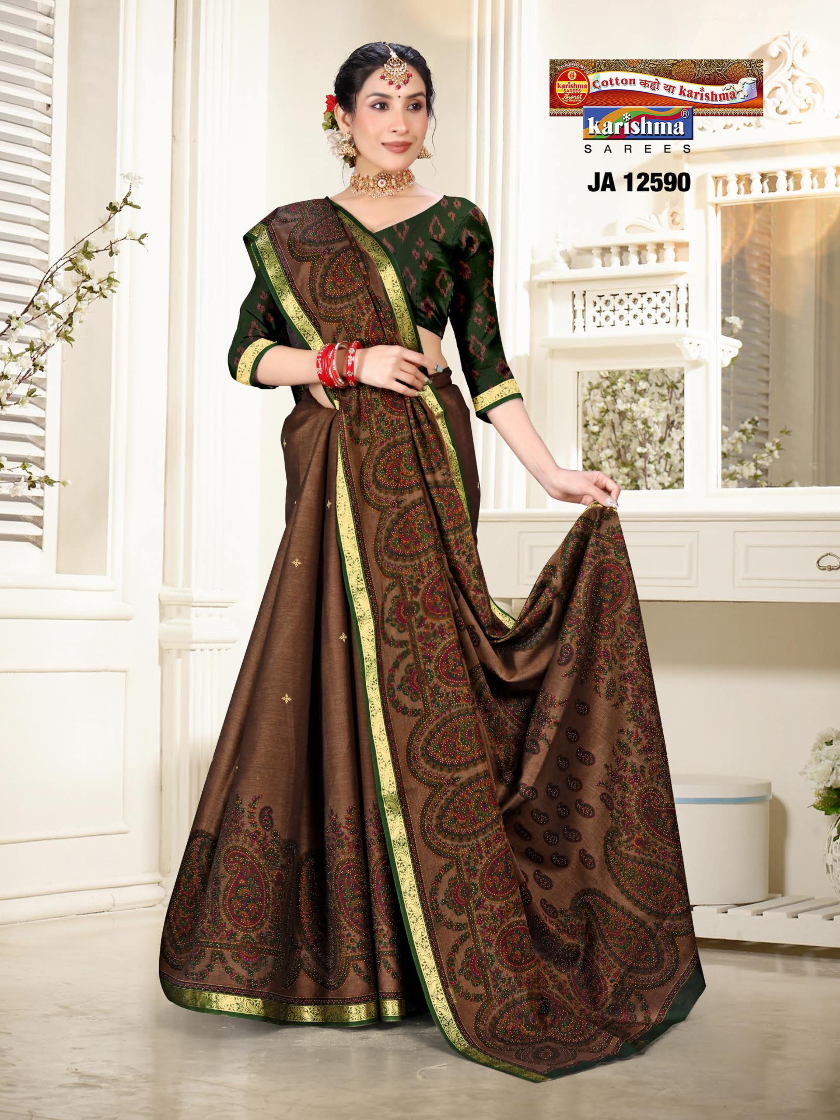 Dark Green And Brown Pure Cotton Muslin (Soft) Saree With Paisely Design And Golden Border