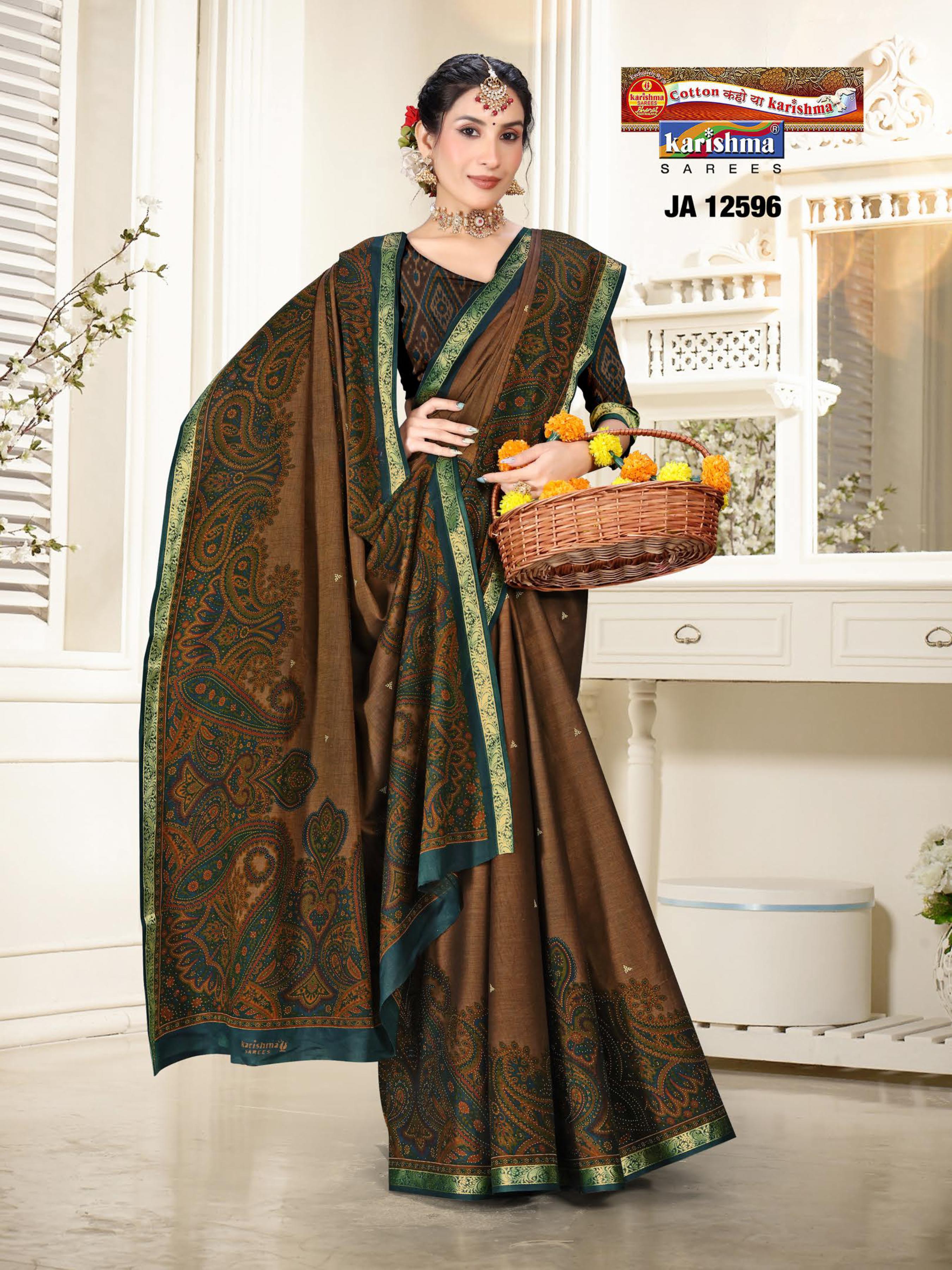 Bottel Green And Brown Pure Cotton Muslin (Soft) Saree With Paisely Design And Golden Border