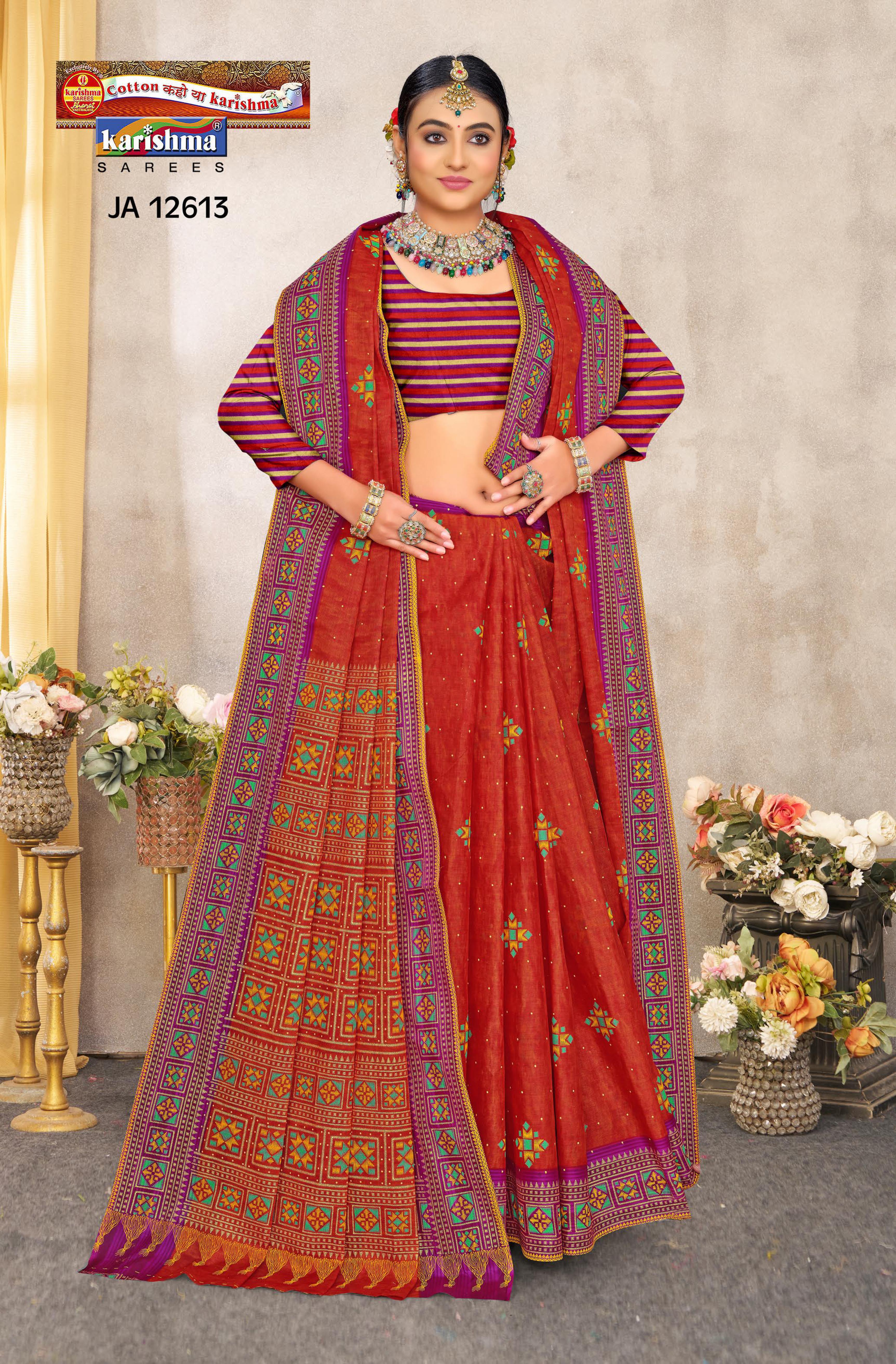 Red Pure Cotton Malai (Soft) Saree With Traditional Print & Broder