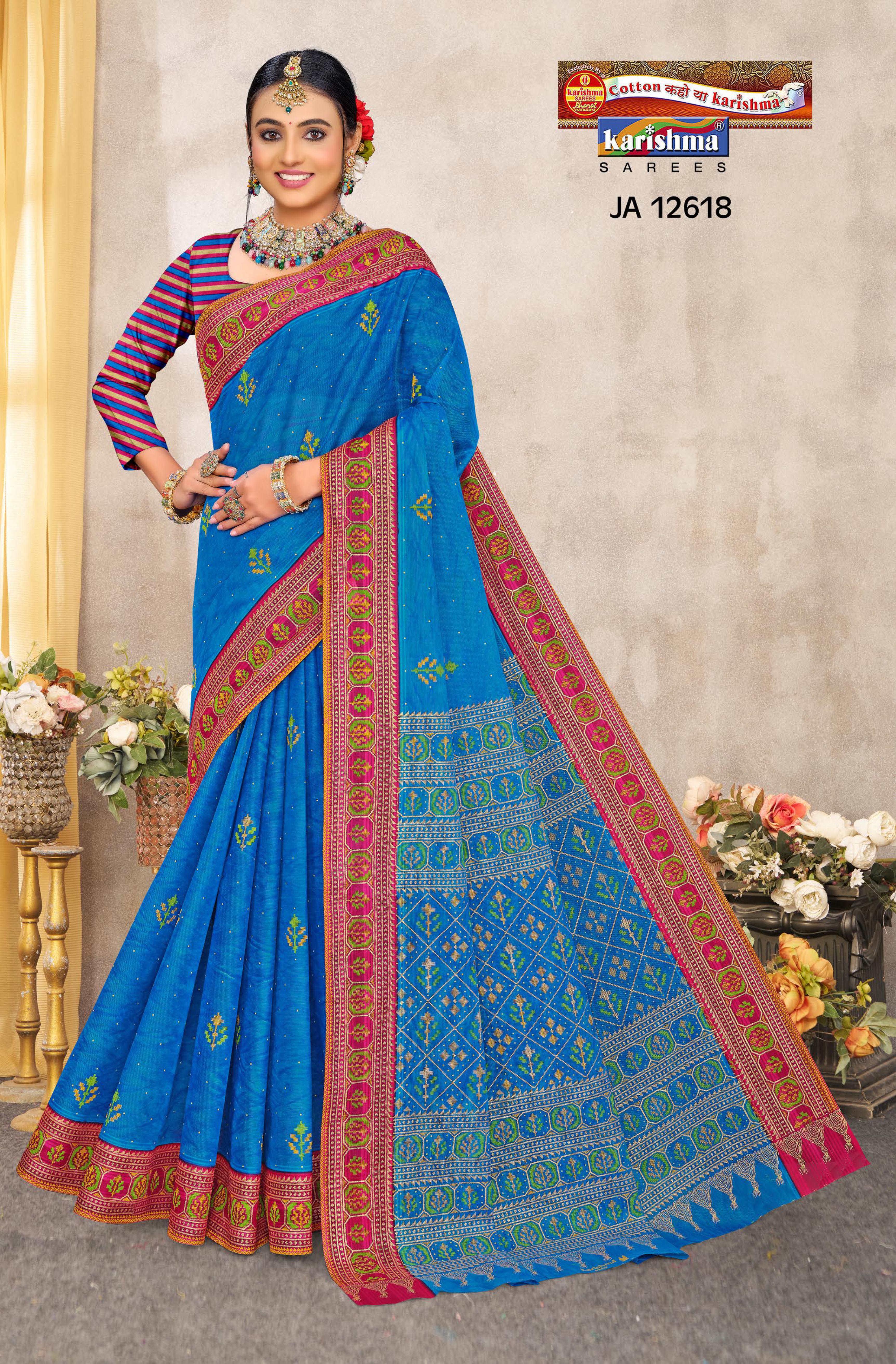Blue Pure Cotton Malai (Soft) Saree With Traditional Print & Broder