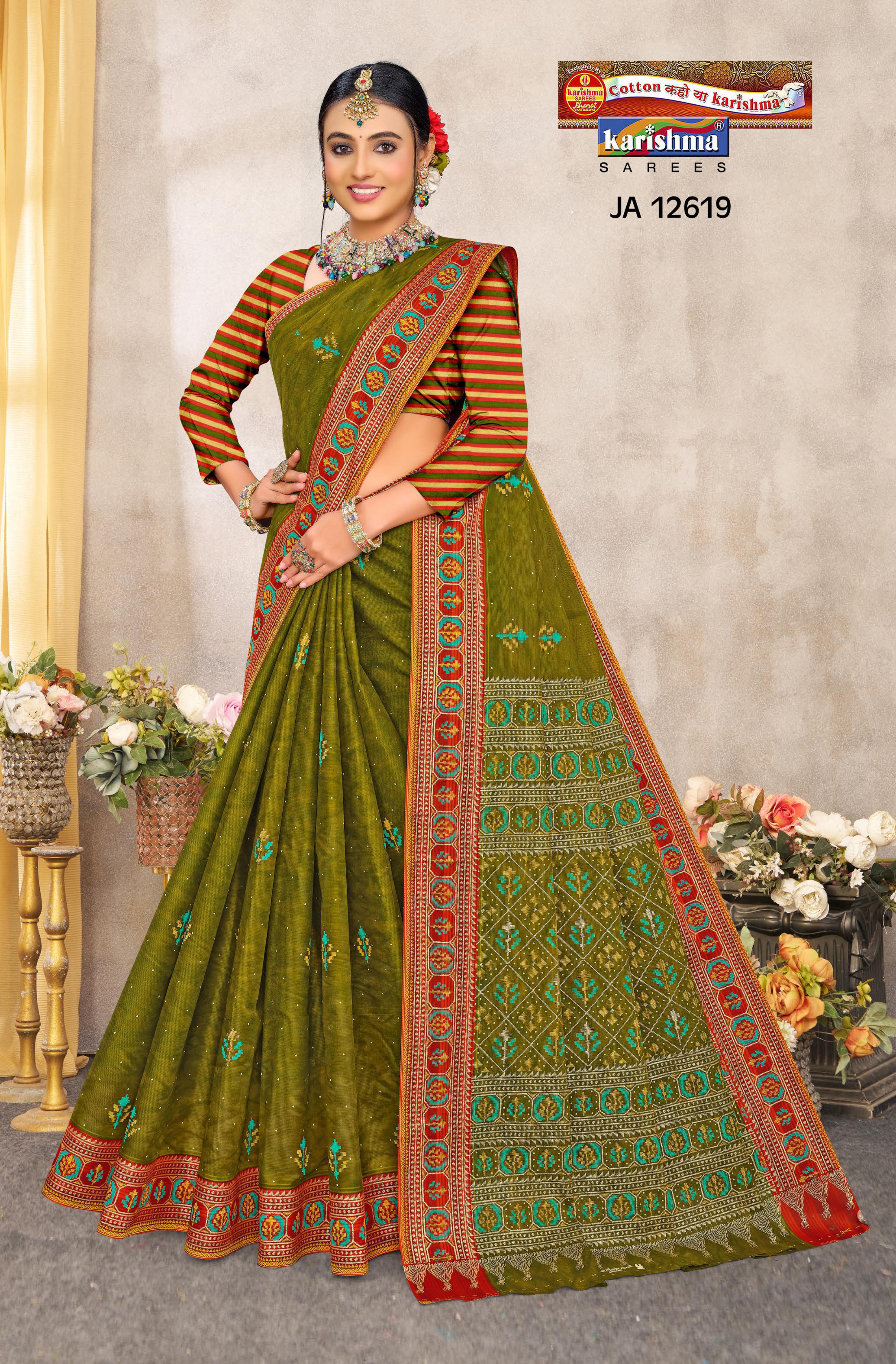 Olive Pure Cotton Malai (Soft) Saree With Traditional Print & Broder