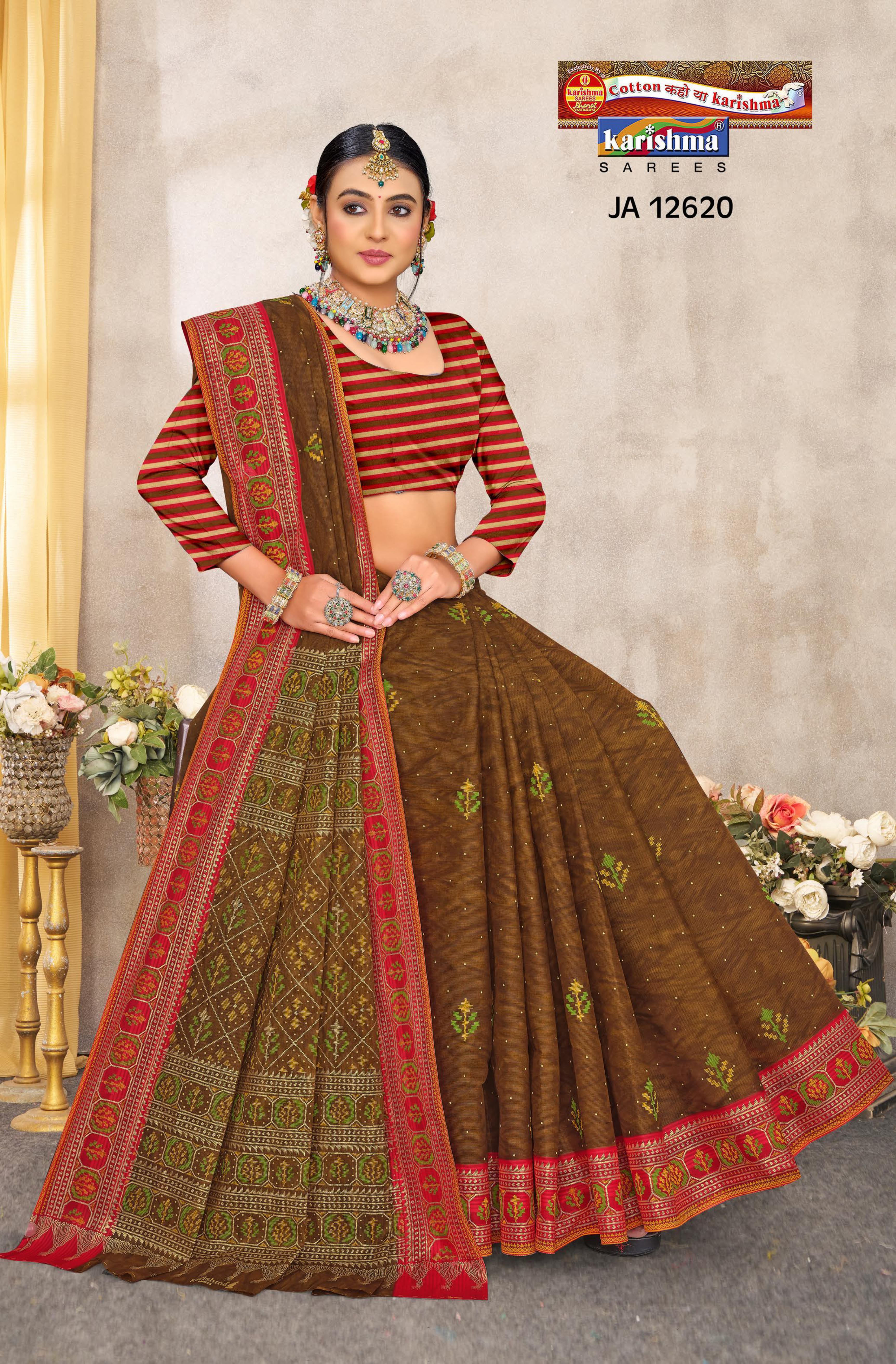 Brown Pure Cotton Malai (Soft) Saree With Traditional Print & Broder
