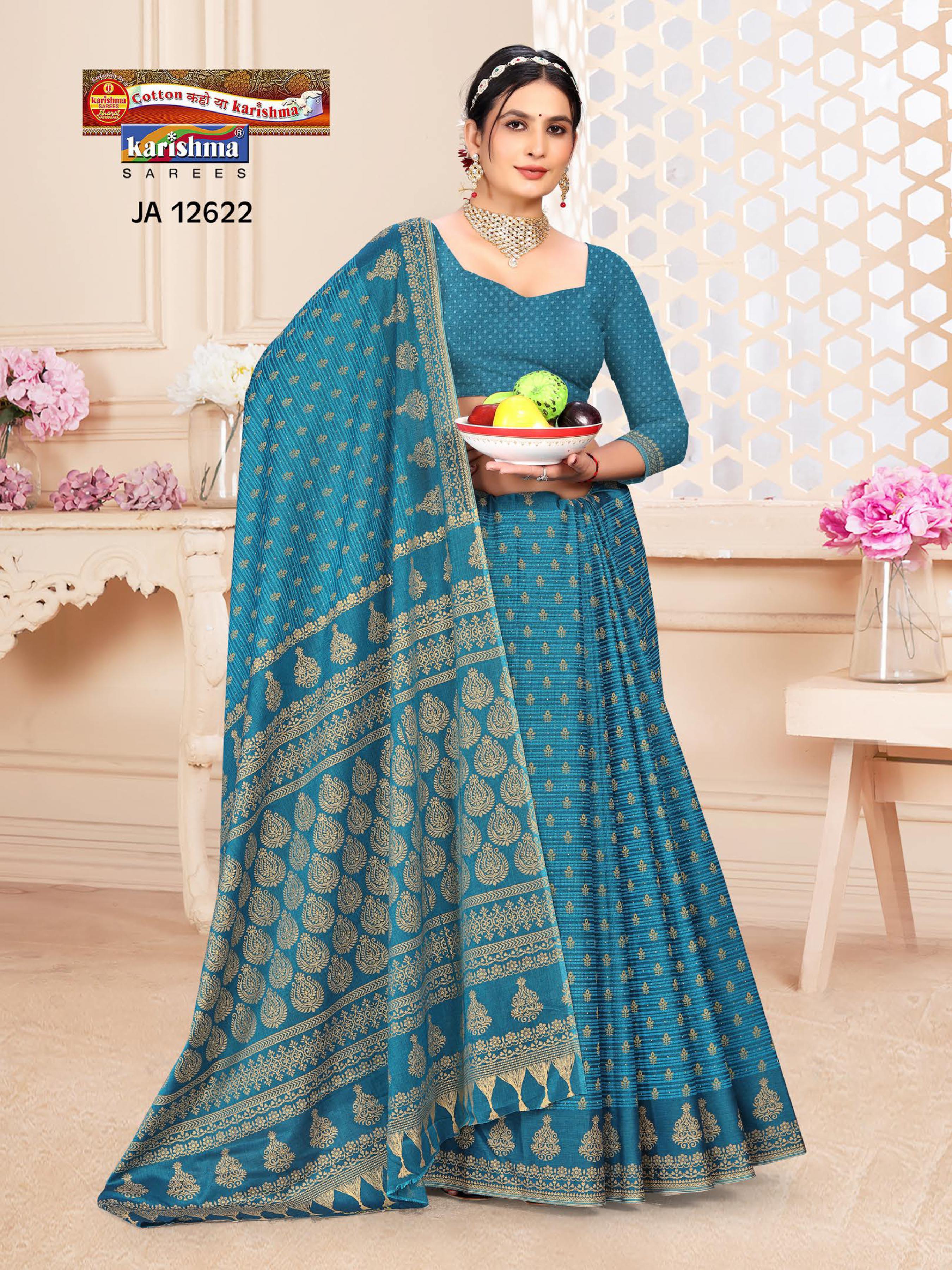 Blue Pure Cotton Muslin (Soft) Saree With Strips And Golden Butti