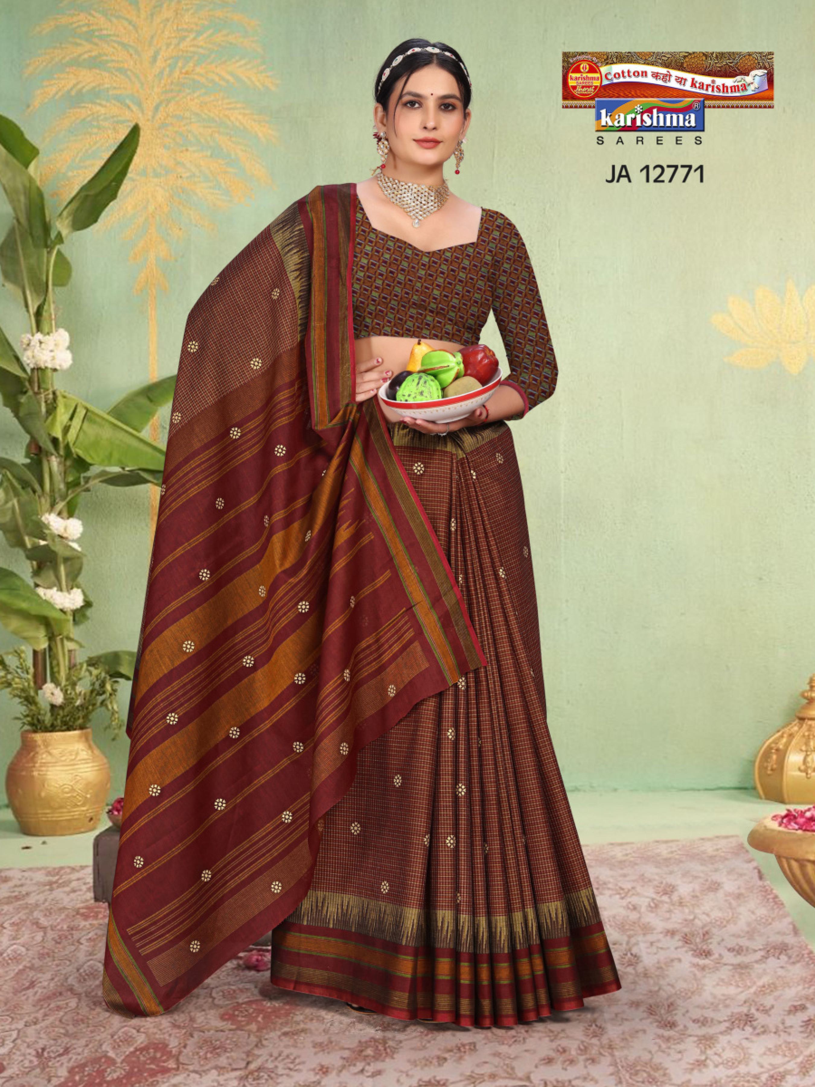 Burgundy Pure Cotton Muslin (Soft) Saree With Checks Pattern And Small Golden Flowers On It