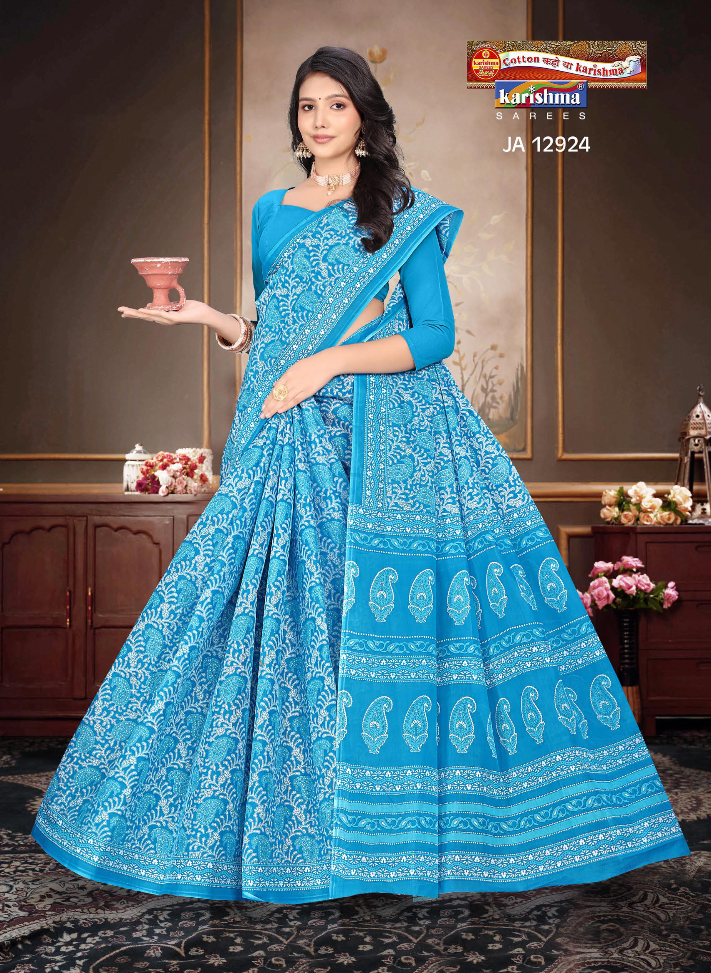 Sky Blue Pure Cotton Mulmul (Medium Soft) Saree With Paisely Design Allover