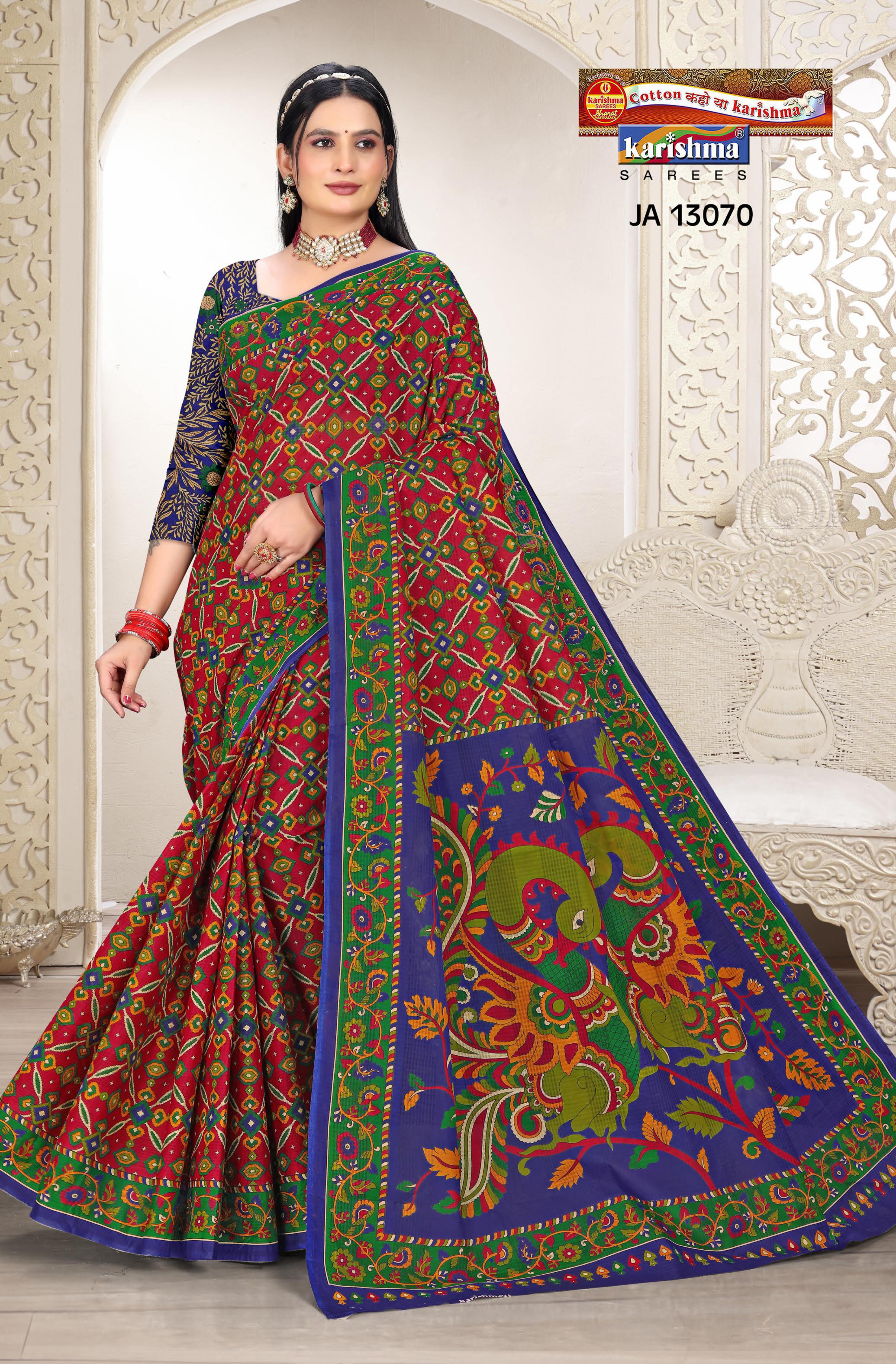 Red Pure Cotton Mulmul (Stiff) Saree With Peacock Motifs And Pallu Border