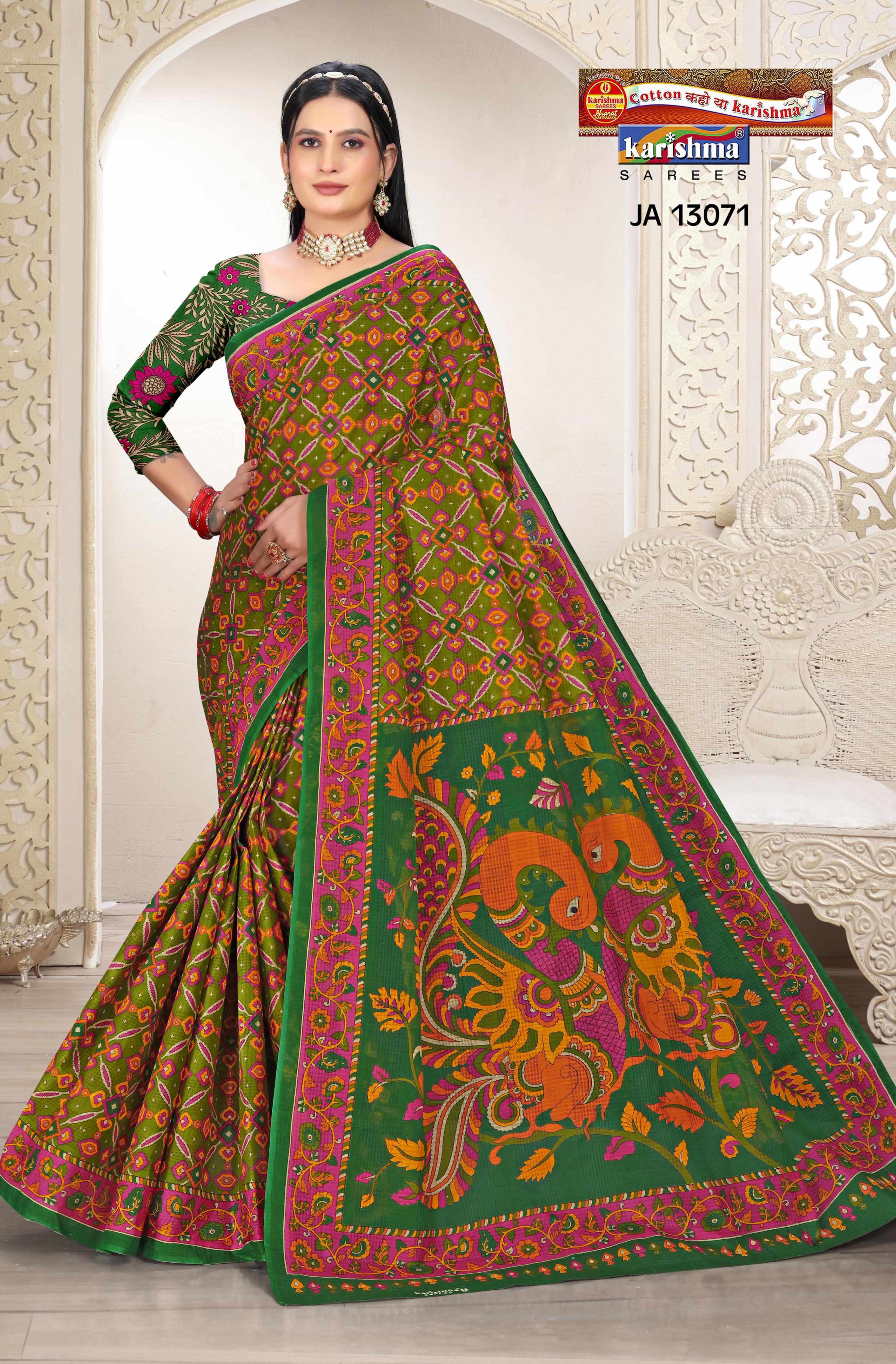 Green Pure Cotton Mulmul (Stiff) Saree With Peacock Motifs And Pallu Border
