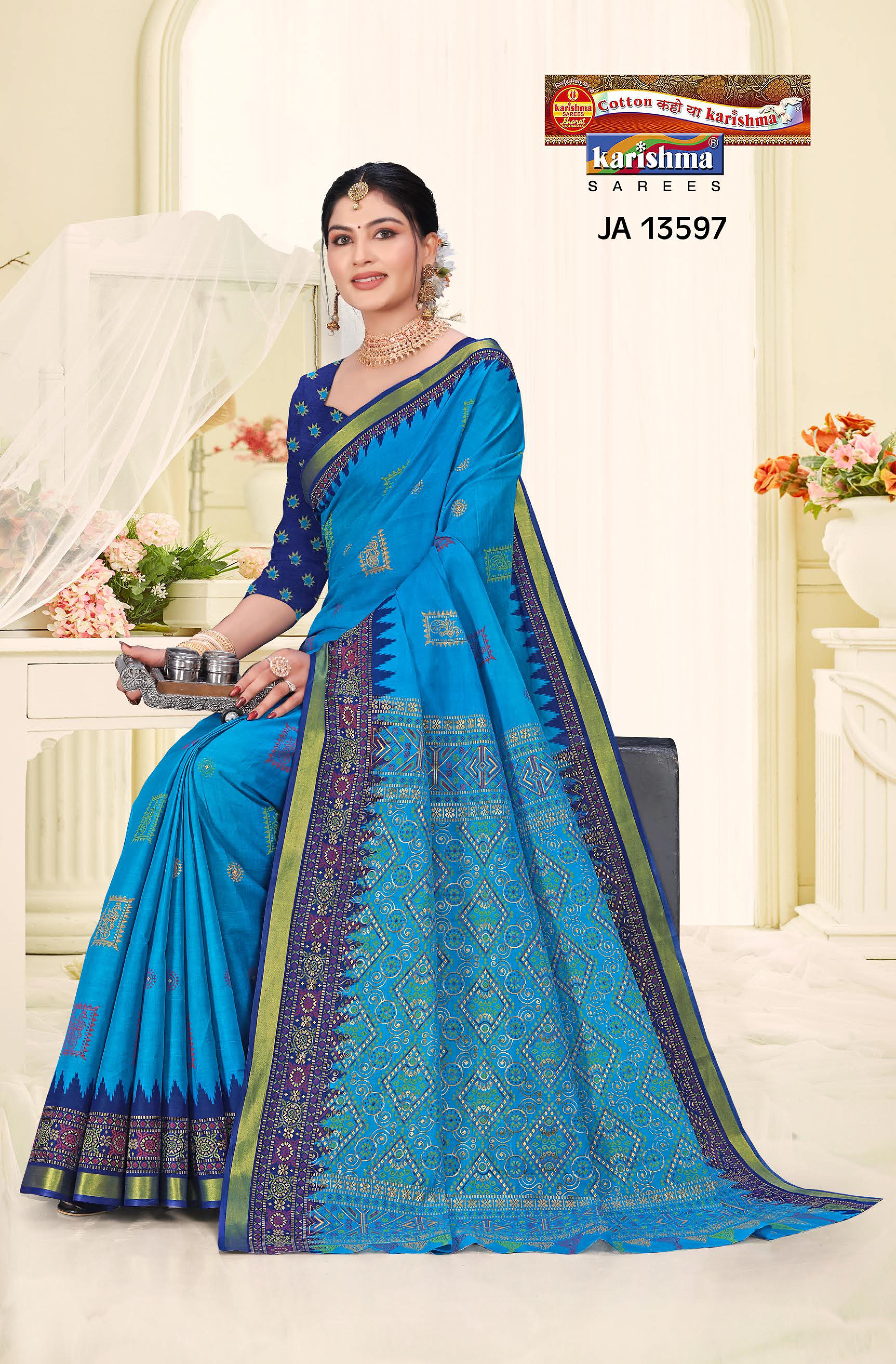 Blue Pure Cotton Malai (Soft) Saree With Small Golden Butti And Golden Border