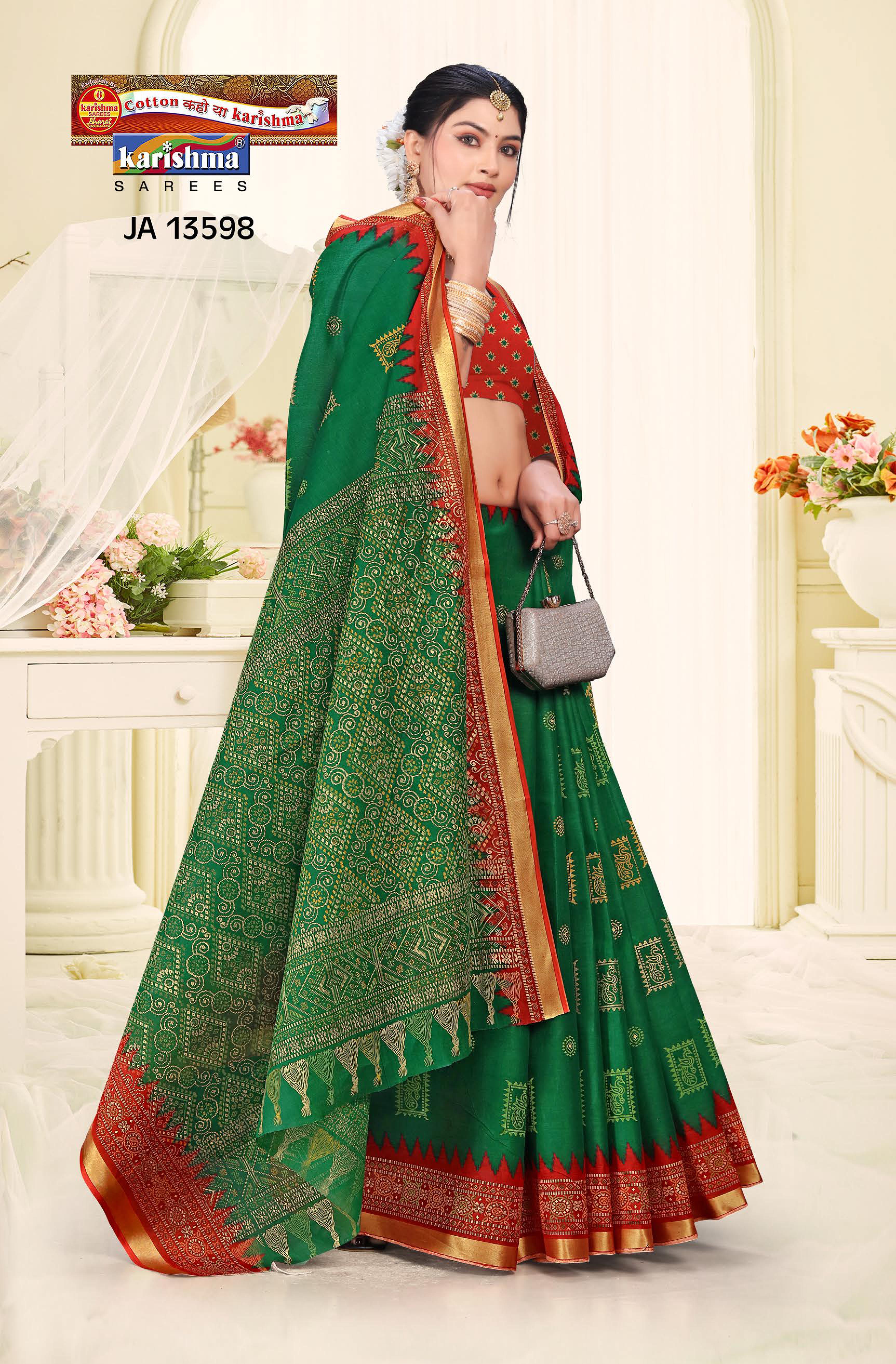 Green Pure Cotton Malai (Soft) Saree With Small Golden Butti And Golden Border
