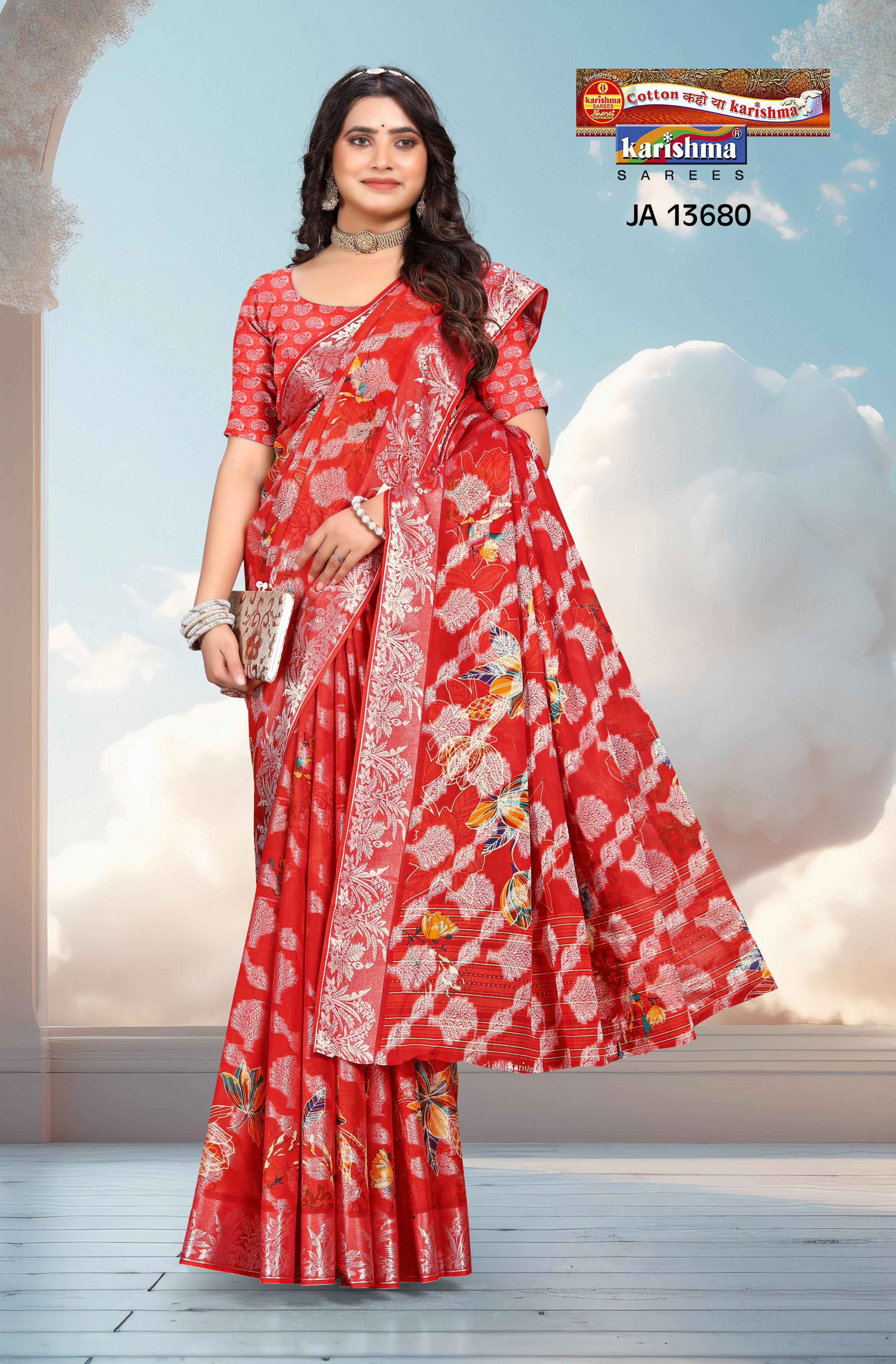 Red Pure Cotton Malai (Soft) Saree With Traditional Bandhani Print And Delicate Golden Print
