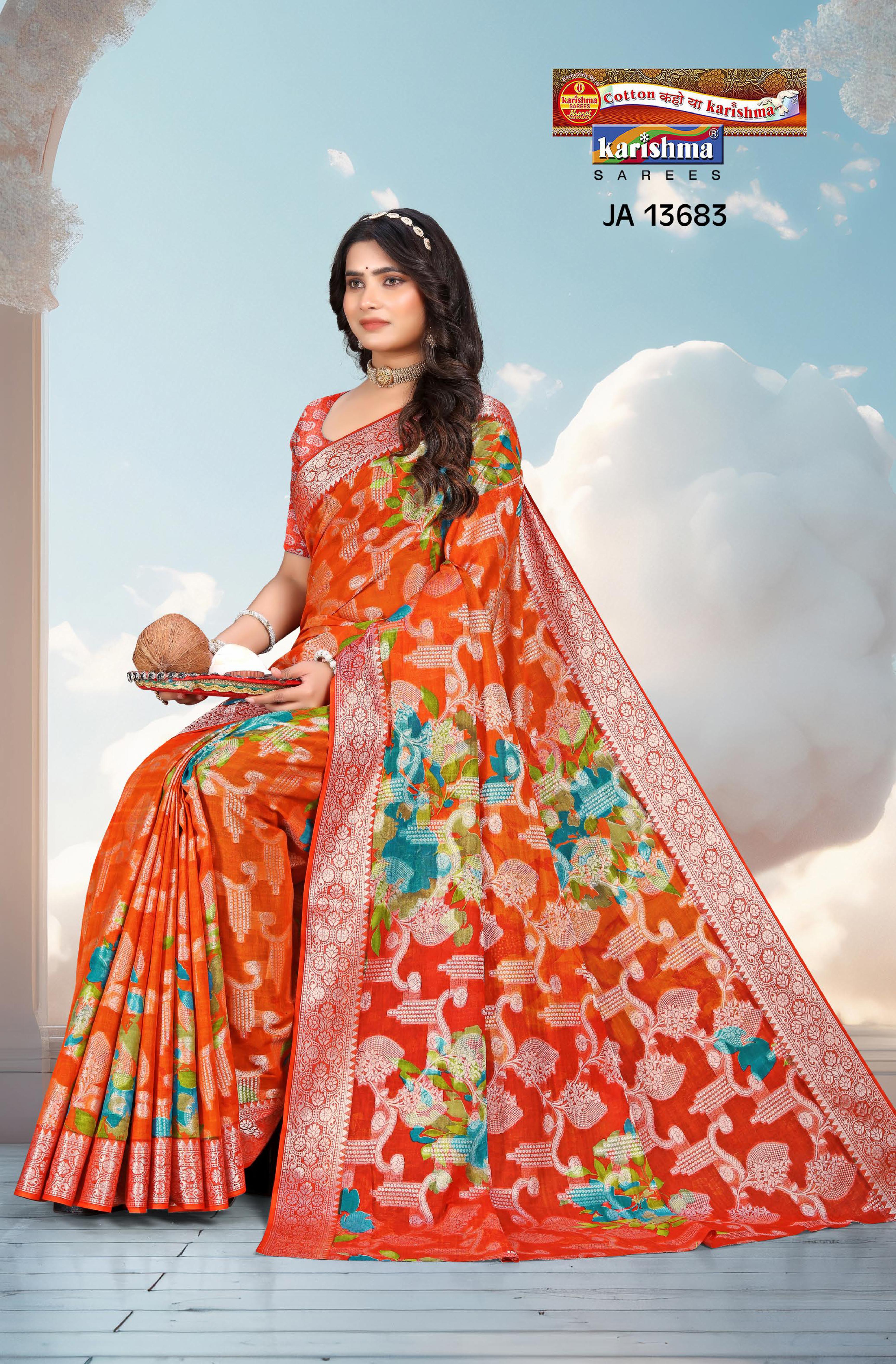 Orange Pure Cotton Malai (Soft) Saree With Traditional Bandhani Print And Delicate Golden Print