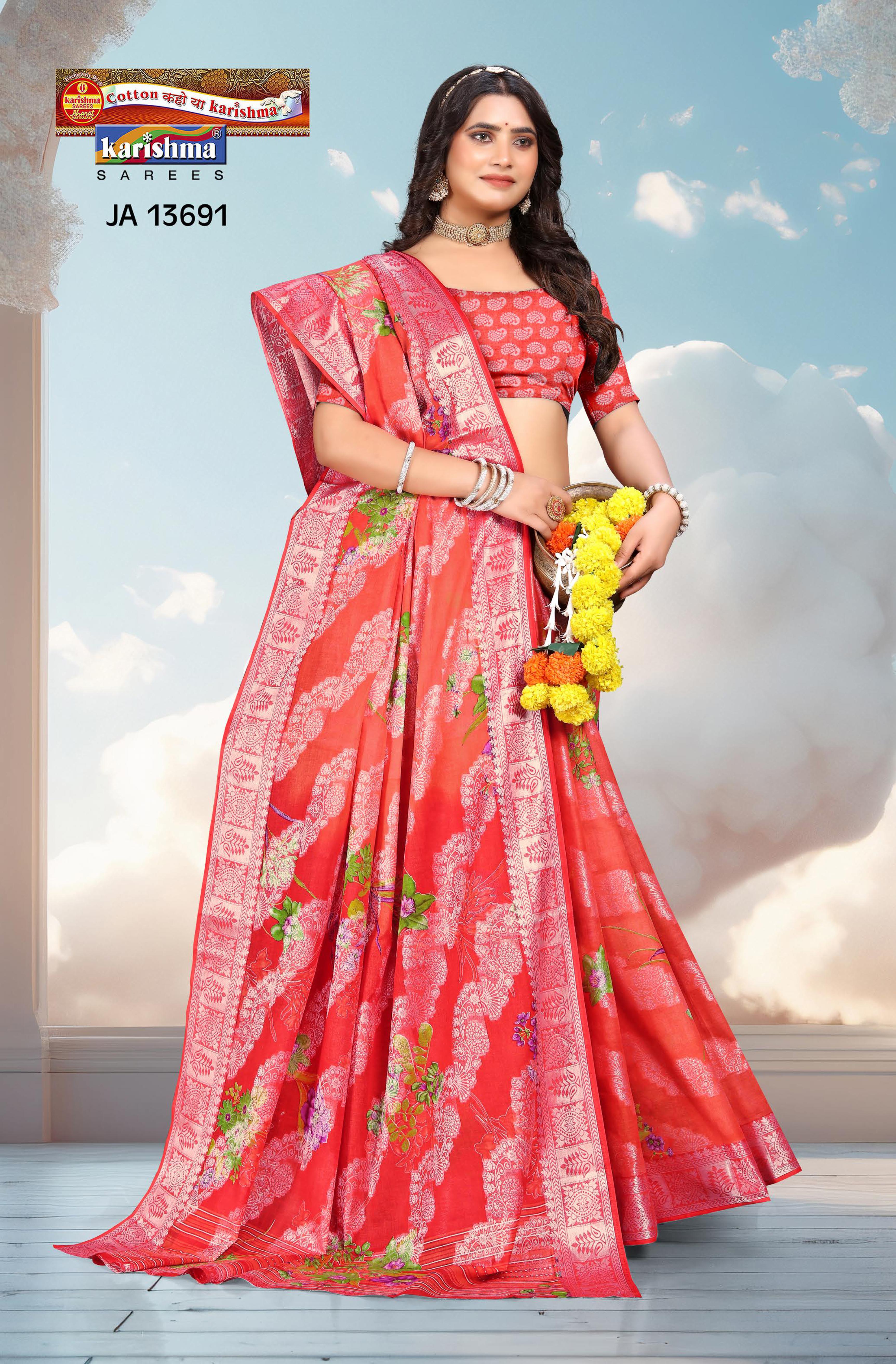 Rose Red Pure Cotton Malai (Soft) Saree With Traditional Bandhani Print And Delicate Golden Print
