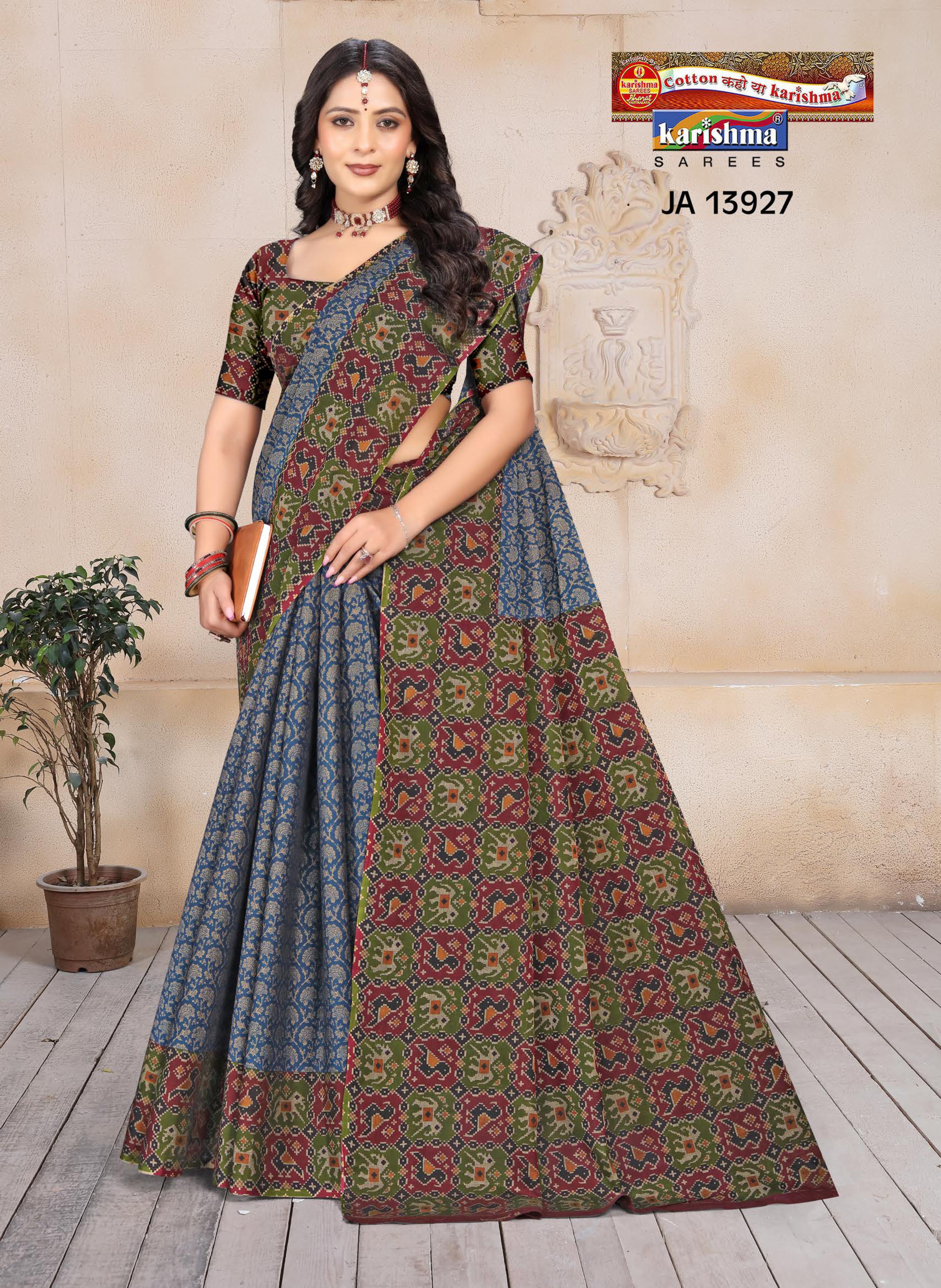 Blue Pure Cotton Muslin (Soft) Saree With Floral Print And Kota Border