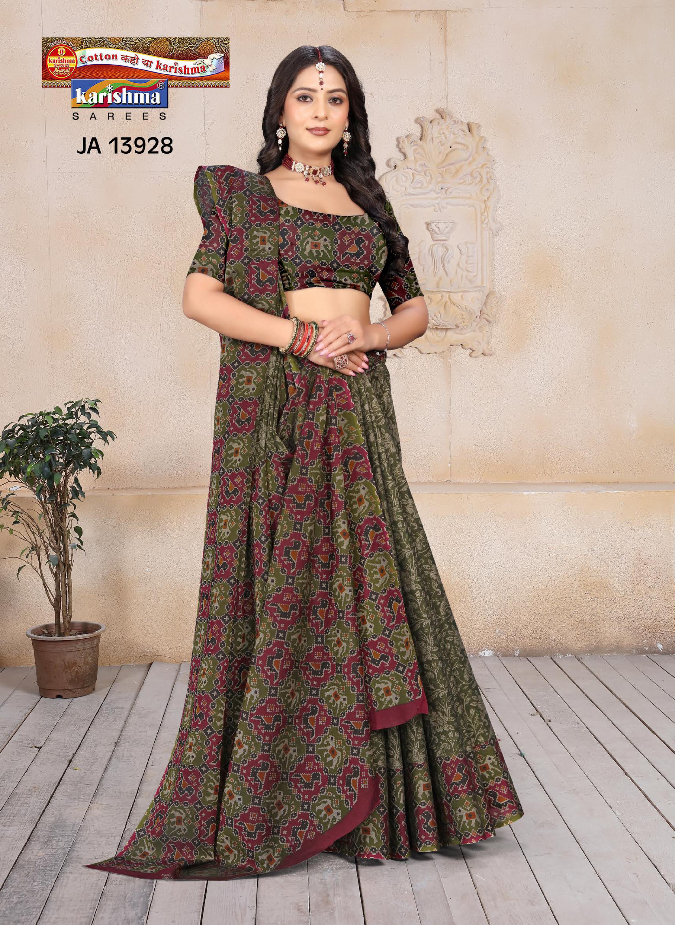 Olive Pure Cotton Muslin (Soft) Saree With Floral Print And Kota Border
