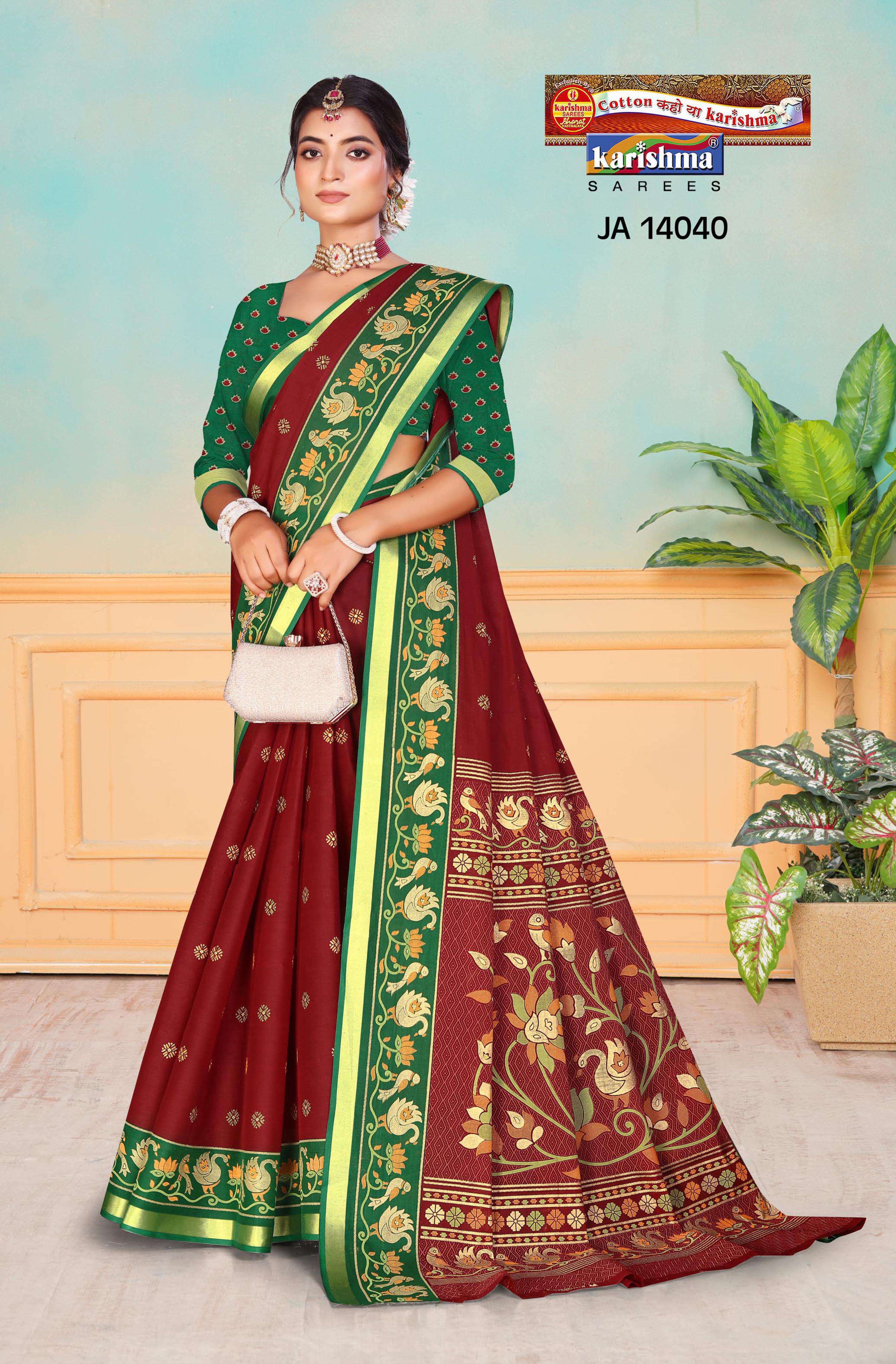 Maroon Pure Cotton Malai (Soft) Saree With Traditional Print And Golden Border